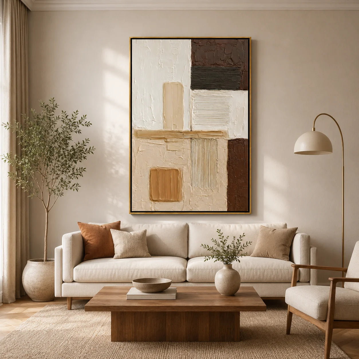 Brown and Cream Abstract Hand-Painted Oil Painting | Textured Geometric Wall Art for Modern Minimalist Decor #OA 0919