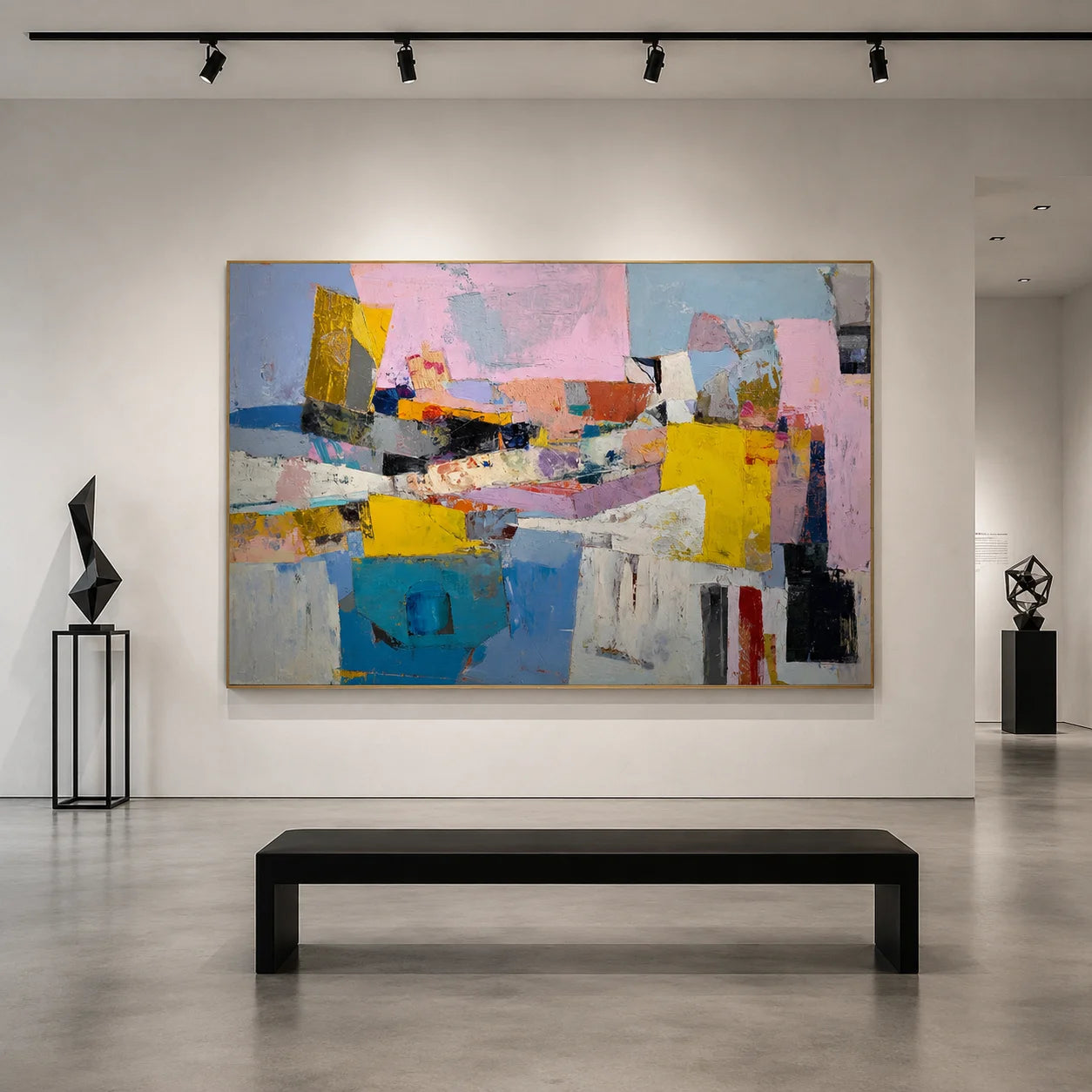 Colorful Abstract Cityscape Hand-Painted Oil Painting, Modern Geometric Wall Art for Home Decor