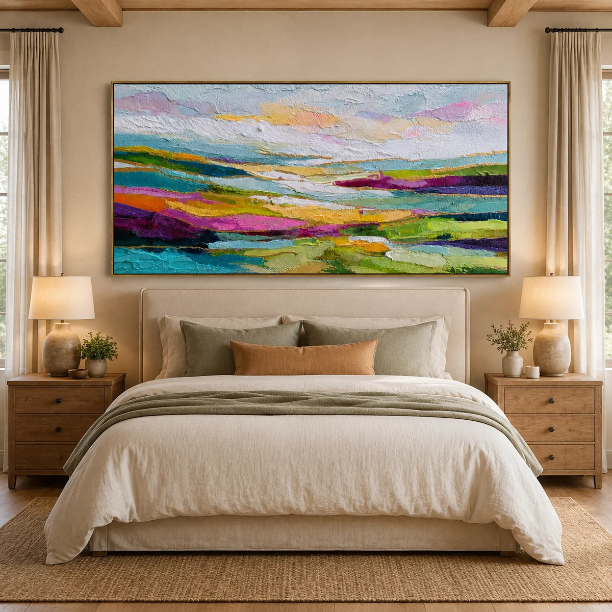 Colorful Abstract Landscape Hand-Painted Oil Painting | Large Horizontal Wall Art for Living Room & Bedroom