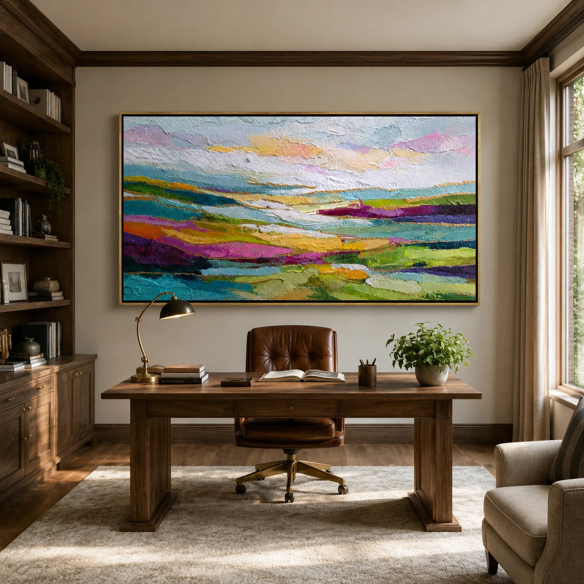 Colorful Abstract Landscape Hand-Painted Oil Painting | Large Horizontal Wall Art for Living Room & Bedroom