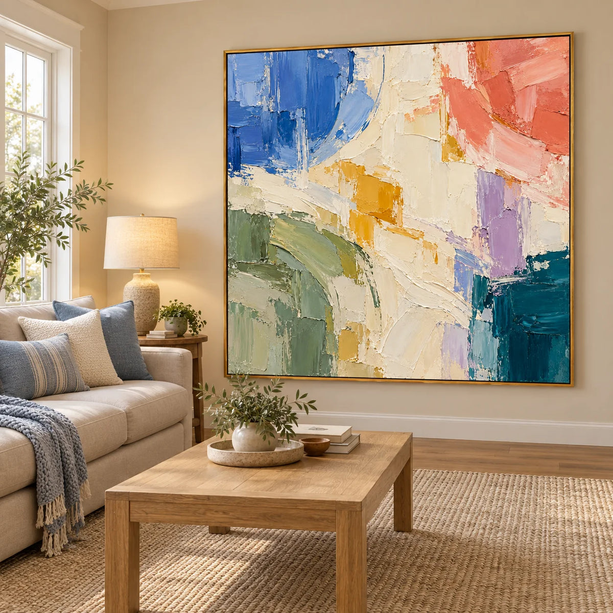 Ownanart Colorful Abstract Oil Painting – Hand-Painted Impasto Canvas Wall Art in Blue, Coral and Sage Green