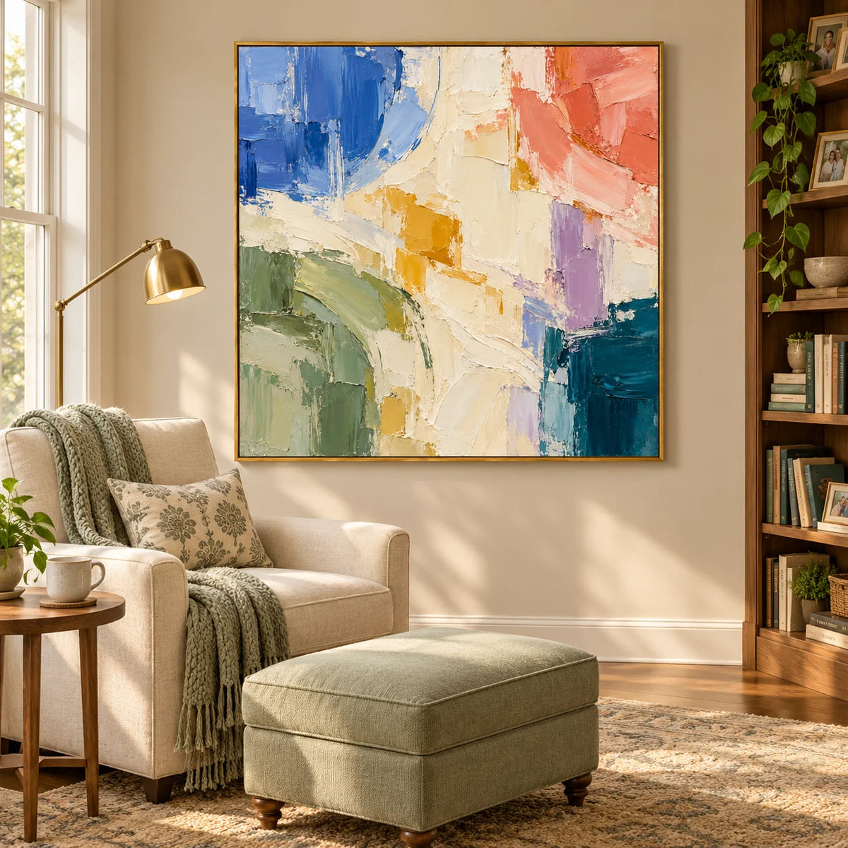 Ownanart Colorful Abstract Oil Painting – Hand-Painted Impasto Canvas Wall Art in Blue, Coral and Sage Green