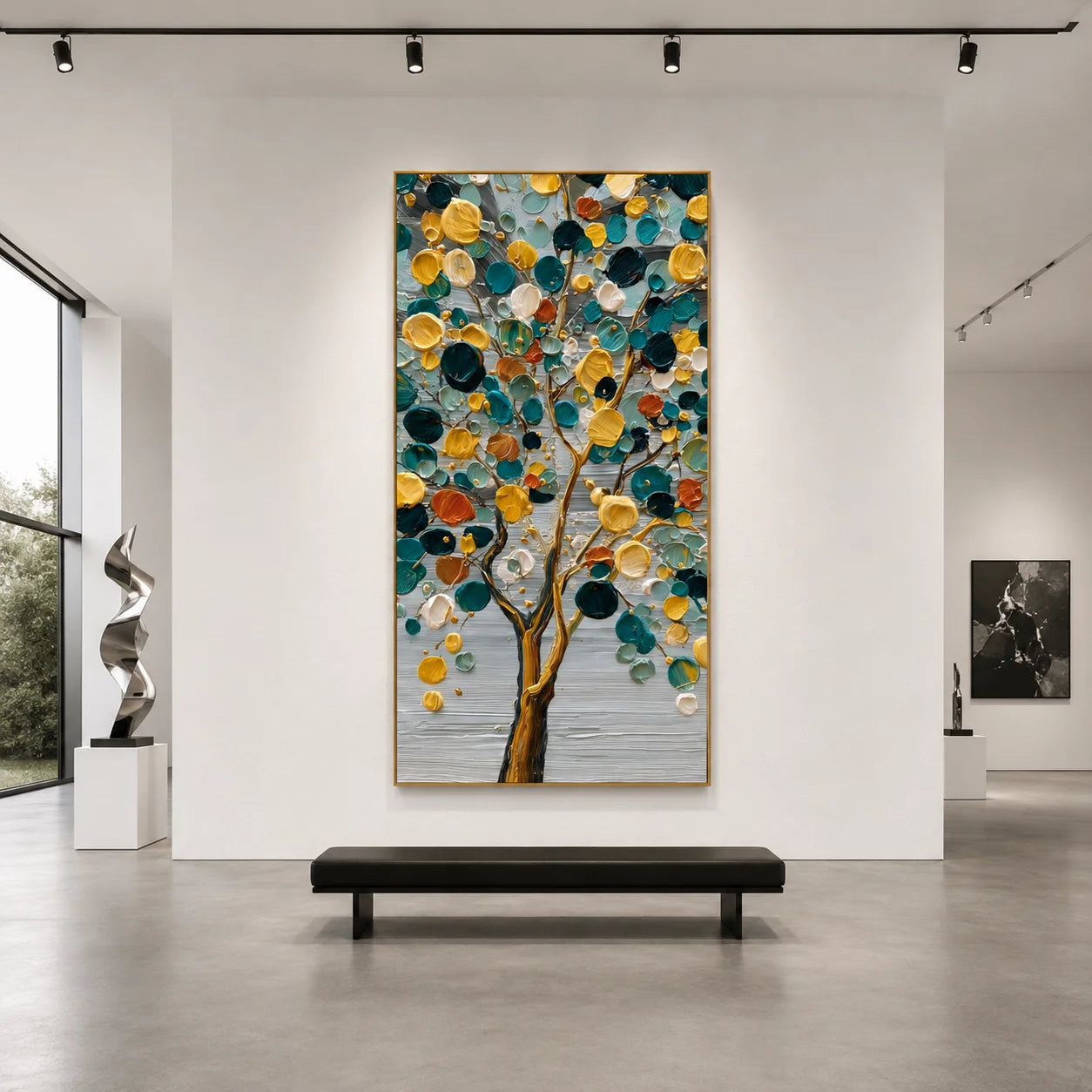 Colorful Abstract Tree Hand-Painted Oil Painting | Teal and Gold Textured Tree Wall Art # OA 1029