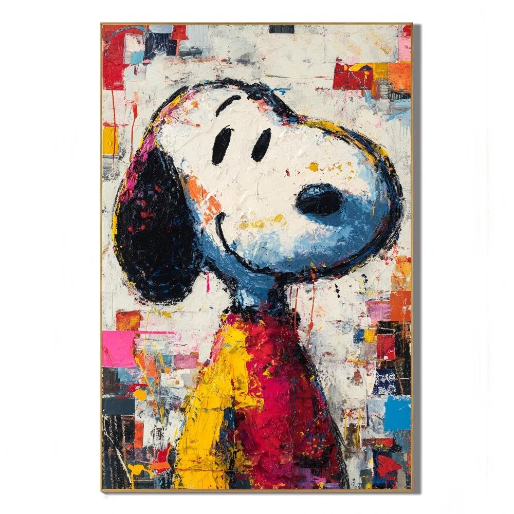 Colorful Black-Eared Cartoon Dog Hand-Painted Oil Painting | Textured Pop Art Animal Wall Decor for Living Room, Bedroom and Kids’ Room