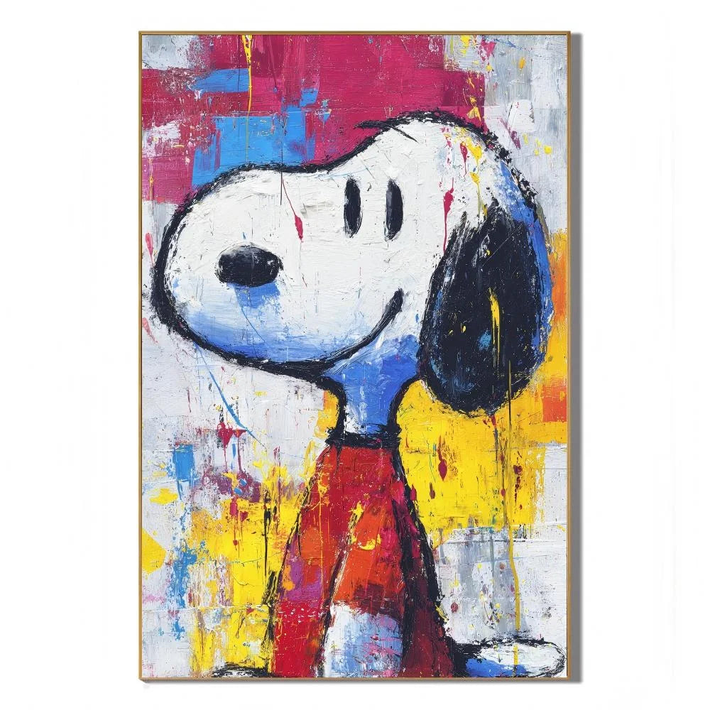 Colorful Black-Eared Cartoon Dog Hand-Painted Oil Painting | Textured Pop Art Wall Decor for Living Room, Bedroom and Kids’ Room