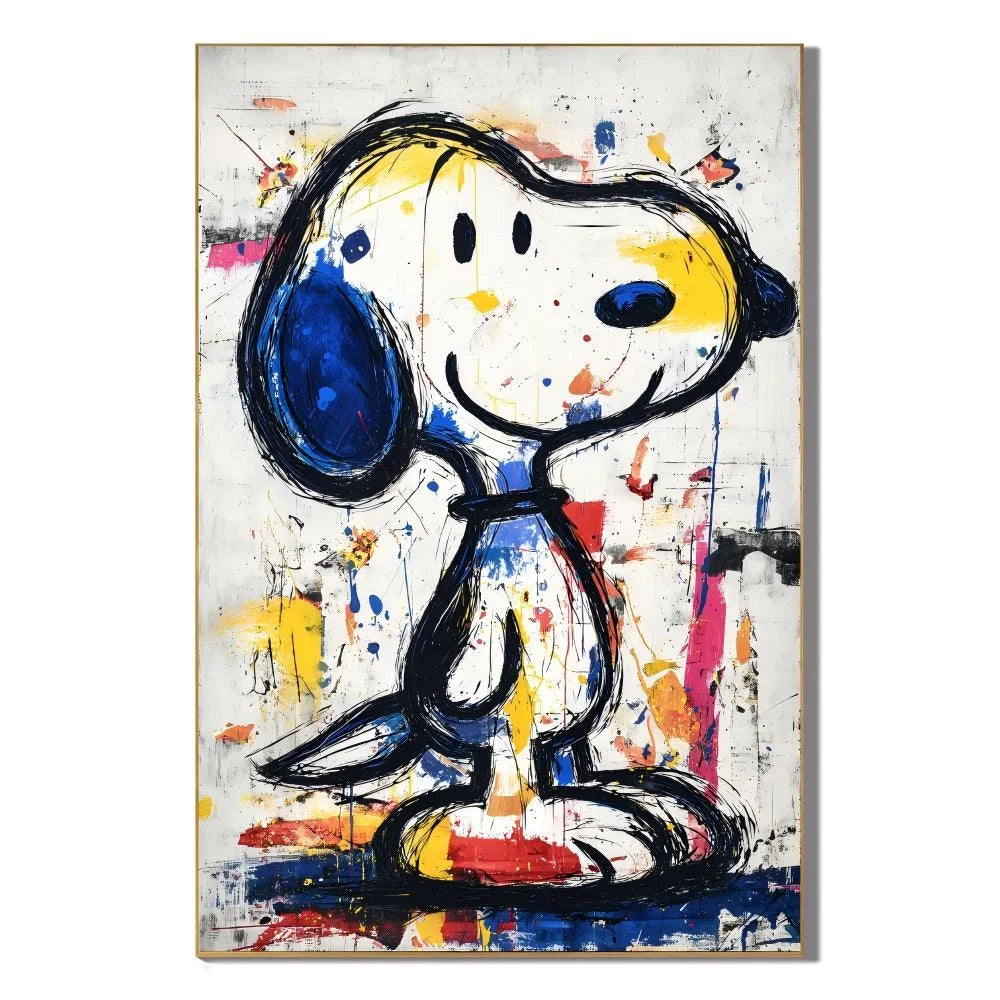 Colorful Blue-Eared Cartoon Dog Hand-Painted Oil Painting | Modern Pop Art Graffiti Animal Wall Decor for Living Room, Bedroom and Kids’ Room