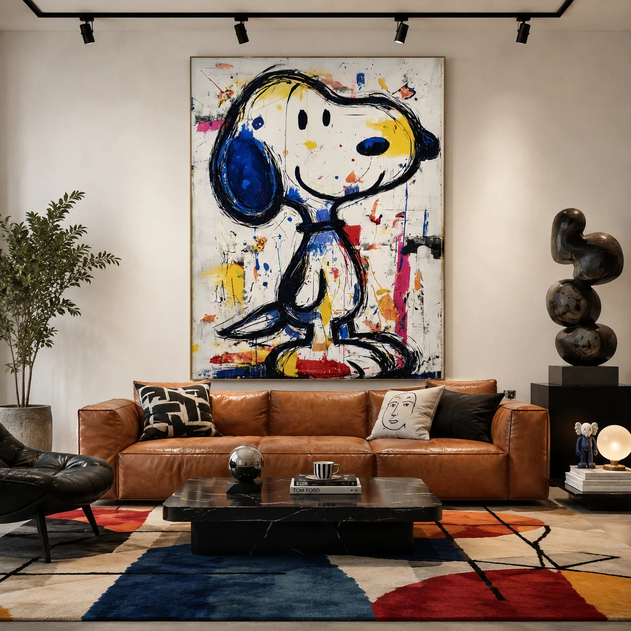 Colorful Blue-Eared Cartoon Dog Hand-Painted Oil Painting | Modern Pop Art Graffiti Animal Wall Decor for Living Room, Bedroom and Kids’ Room