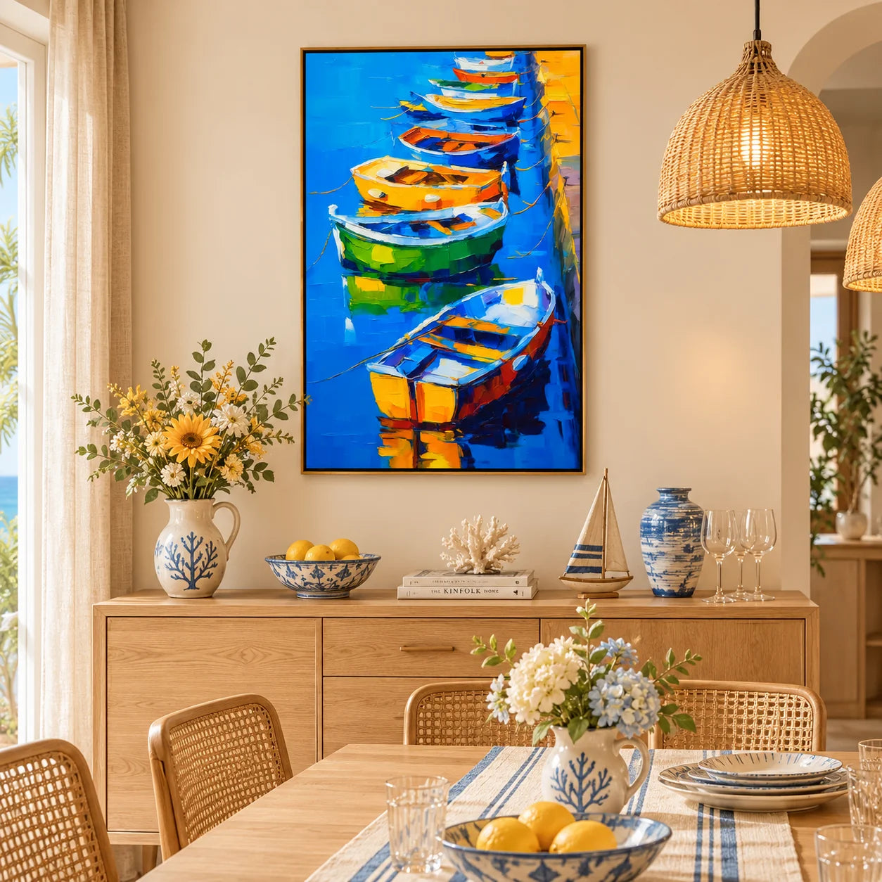 Colorful Boat Oil Painting, Blue Harbor Coastal Wall Art for Living Room Decor