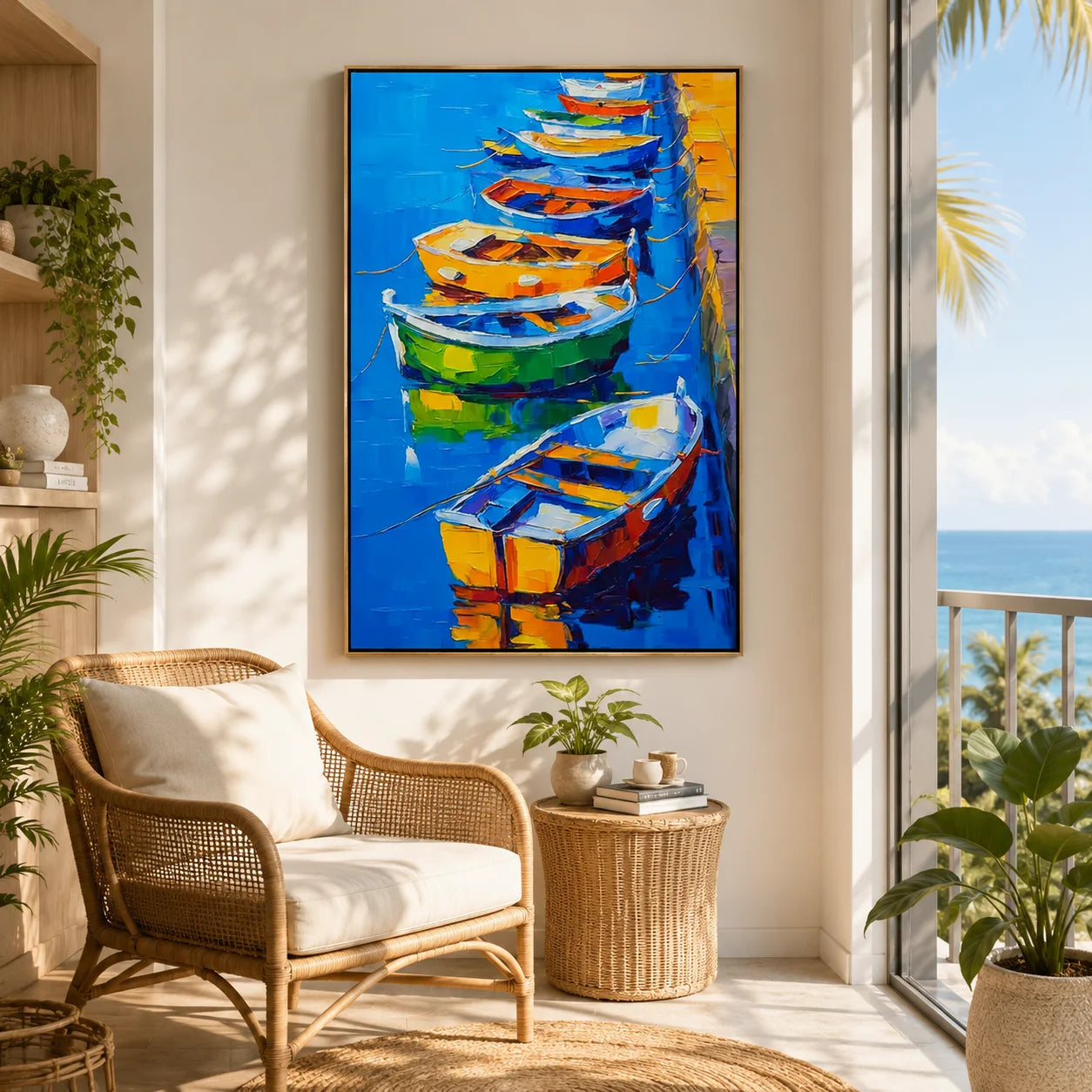 Colorful Boat Oil Painting, Blue Harbor Coastal Wall Art for Living Room Decor