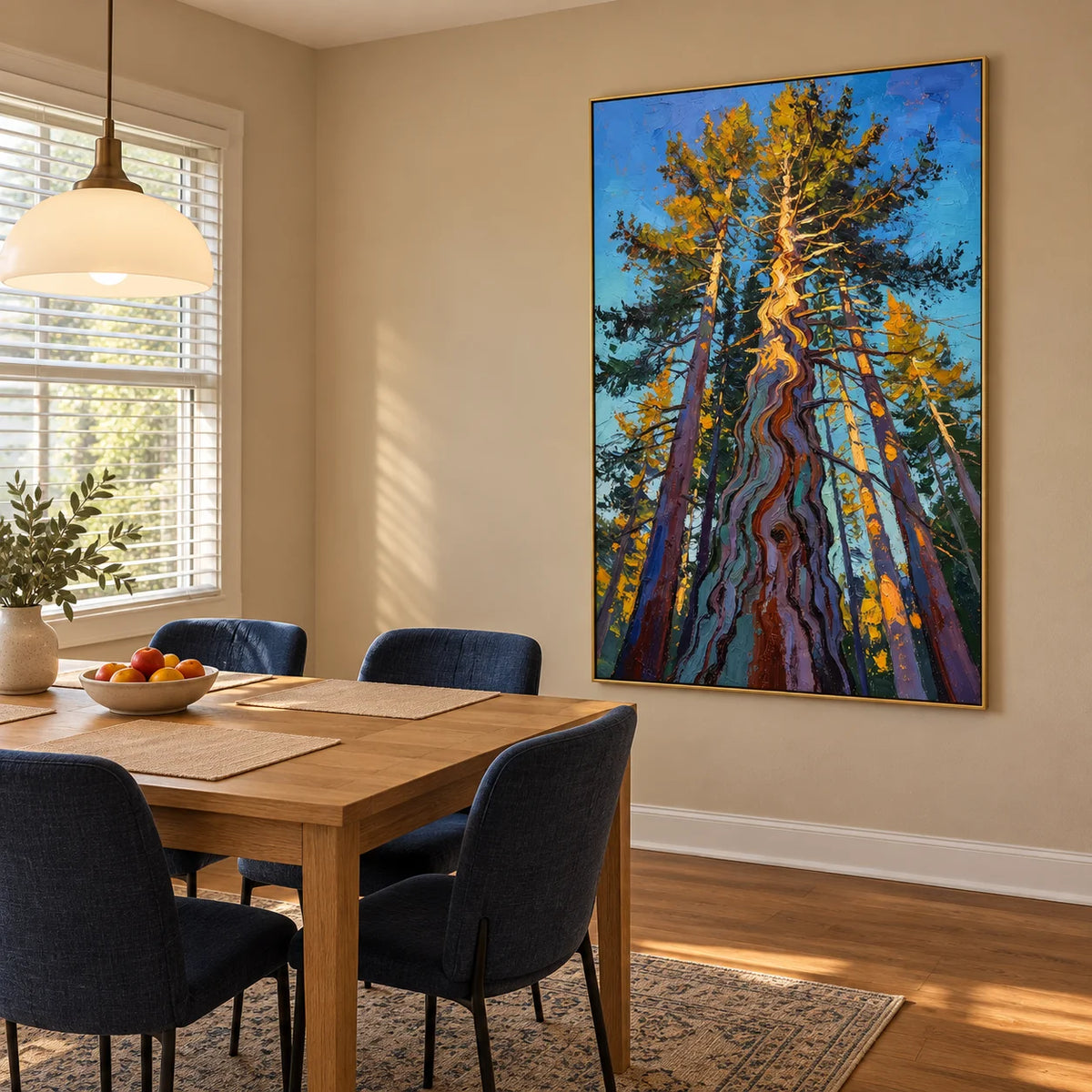 Ownanart Colorful Forest Trees Hand-Painted Oil Painting – Towering Pine Woodland Landscape with Thick Texture, Modern Nature Wall Art for Living Room