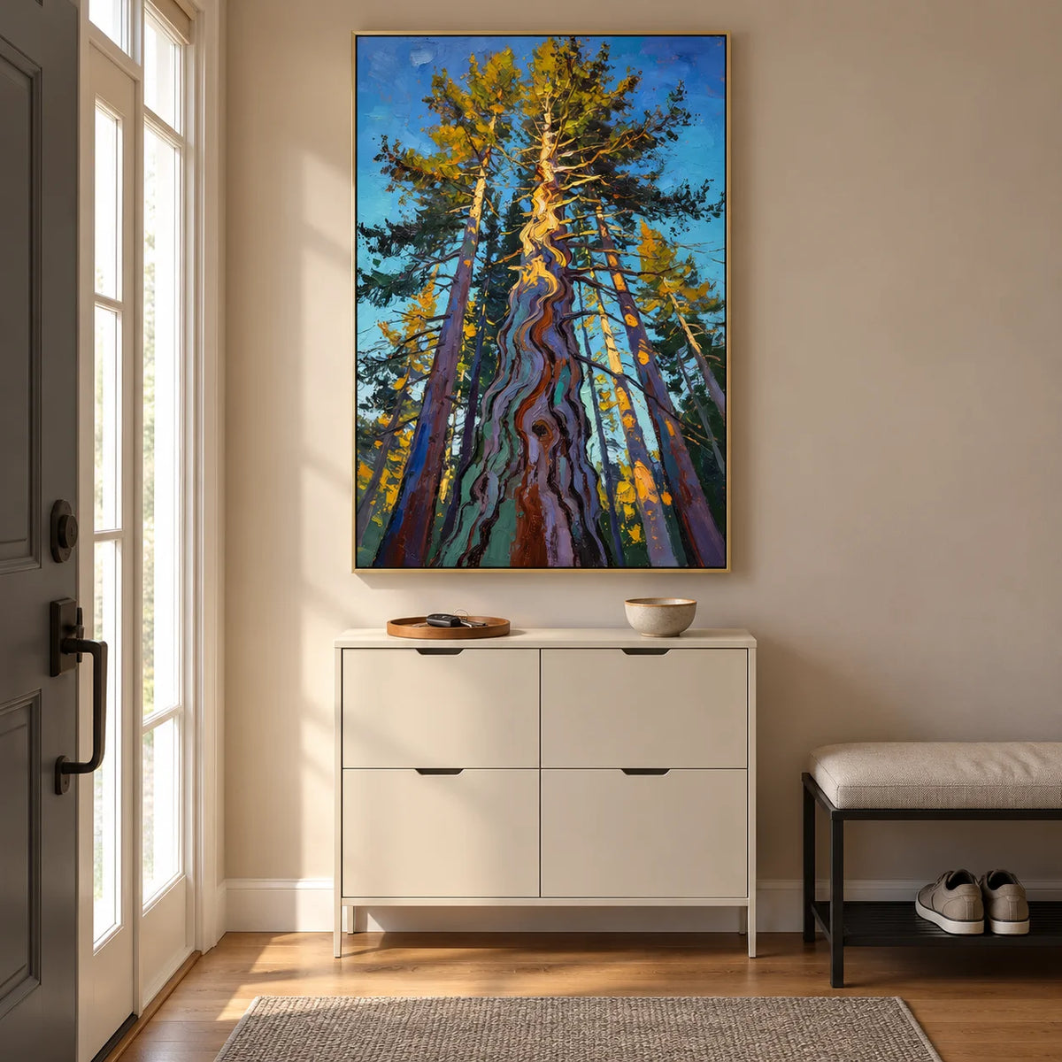 Ownanart Colorful Forest Trees Hand-Painted Oil Painting – Towering Pine Woodland Landscape with Thick Texture, Modern Nature Wall Art for Living Room