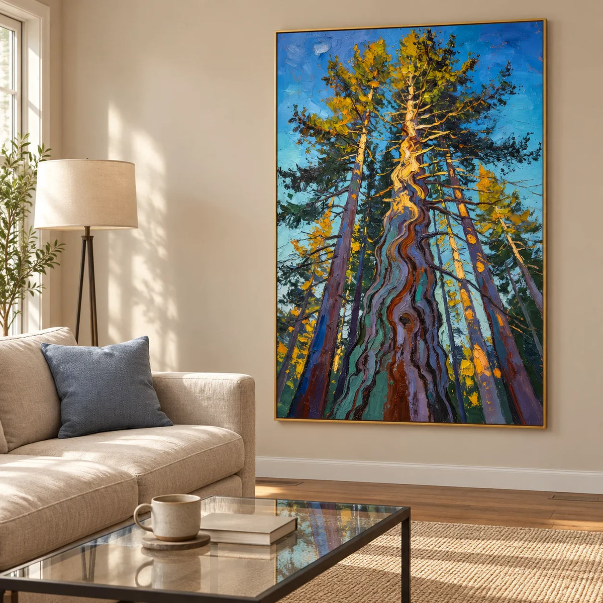 Ownanart Colorful Forest Trees Hand-Painted Oil Painting – Towering Pine Woodland Landscape with Thick Texture, Modern Nature Wall Art for Living Room