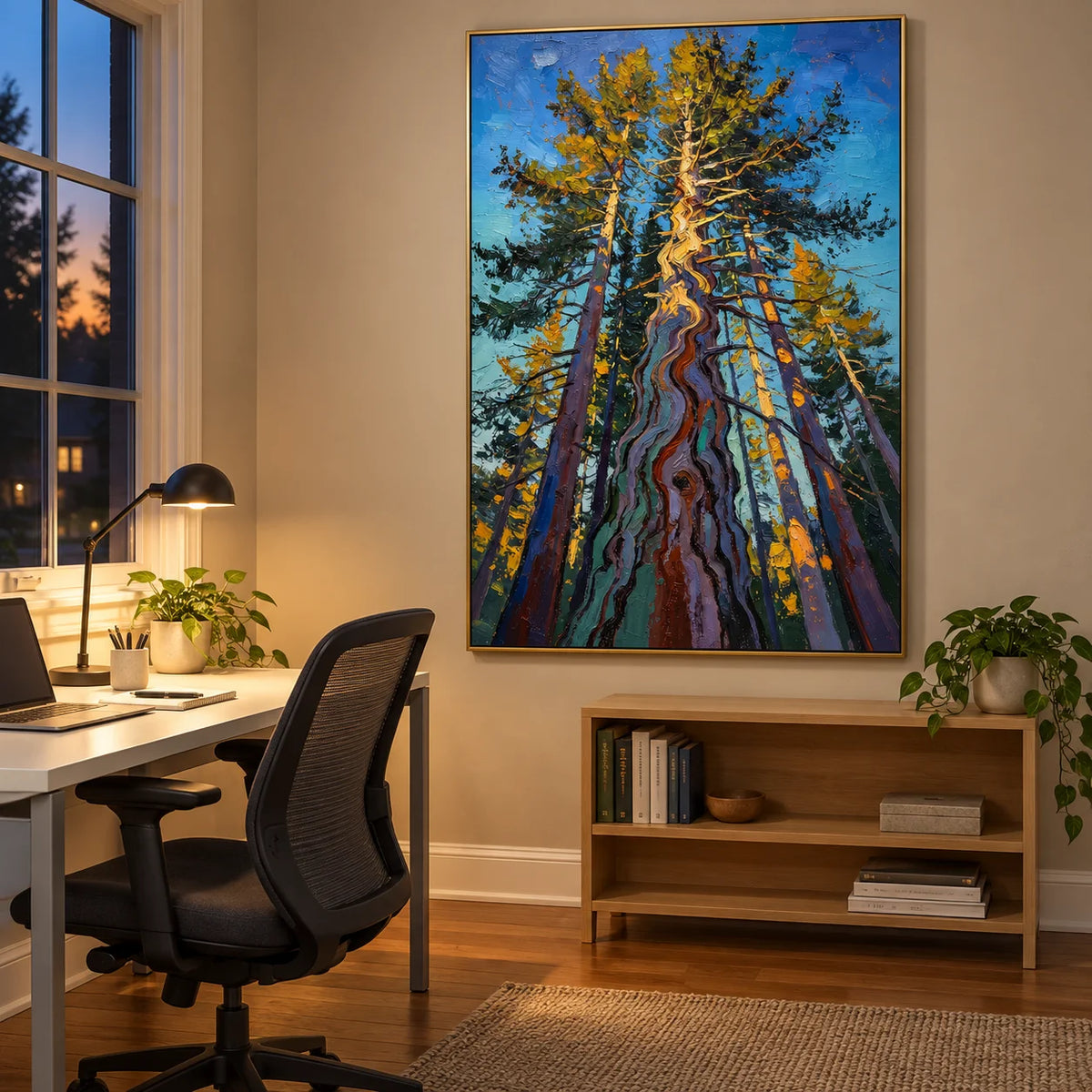 Ownanart Colorful Forest Trees Hand-Painted Oil Painting – Towering Pine Woodland Landscape with Thick Texture, Modern Nature Wall Art for Living Room