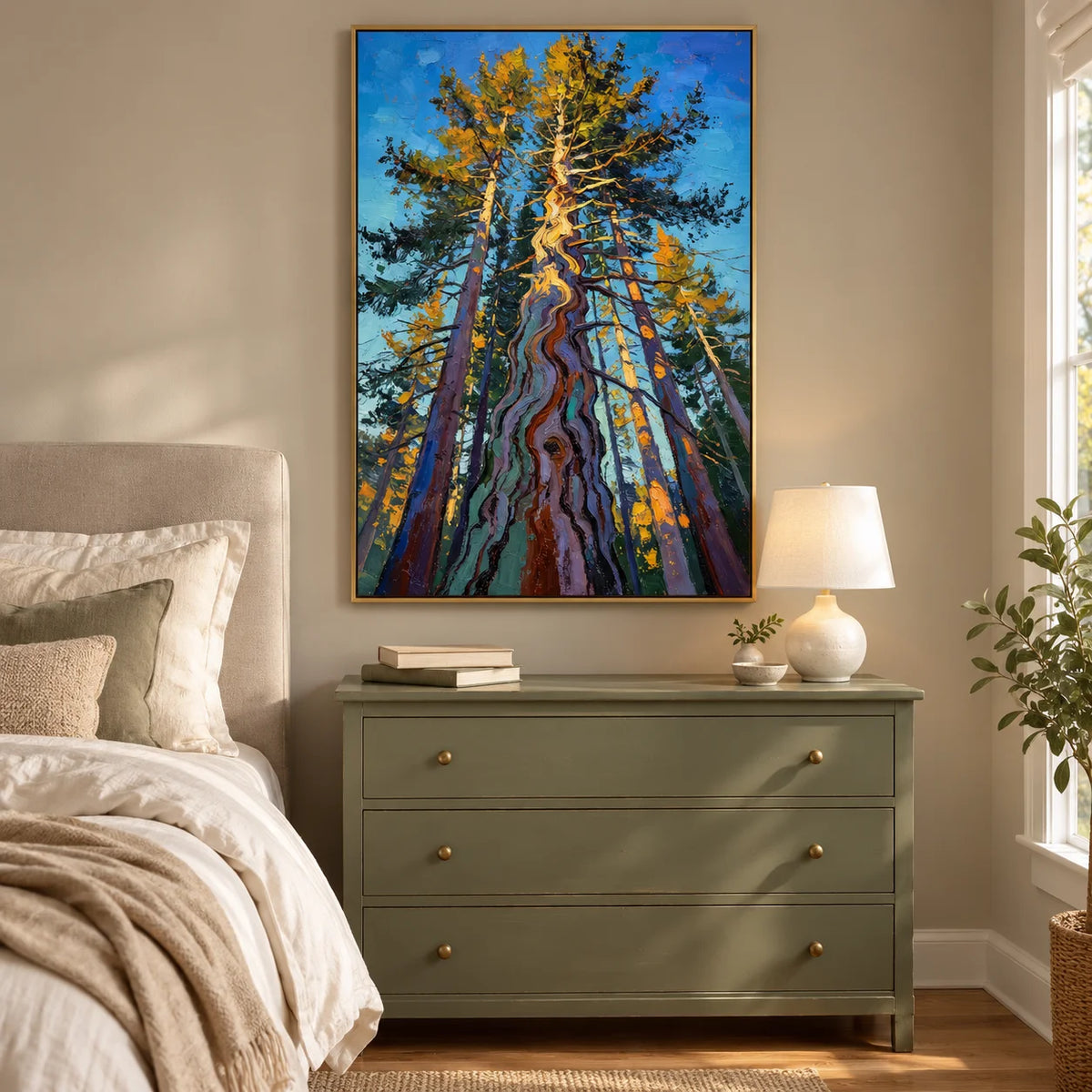 Ownanart Colorful Forest Trees Hand-Painted Oil Painting – Towering Pine Woodland Landscape with Thick Texture, Modern Nature Wall Art for Living Room