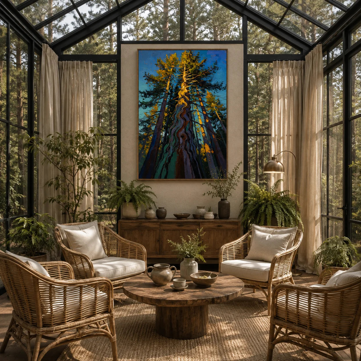 Ownanart Colorful Forest Trees Hand-Painted Oil Painting – Towering Pine Woodland Landscape with Thick Texture, Modern Nature Wall Art for Living Room # OA 1329