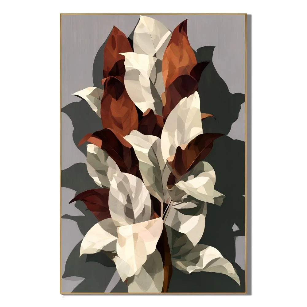 Cream and Caramel Geometric Botanical Hand-Painted Oil Painting | Modern Abstract Leaf Wall Art for Living Room, Bedroom and Entryway