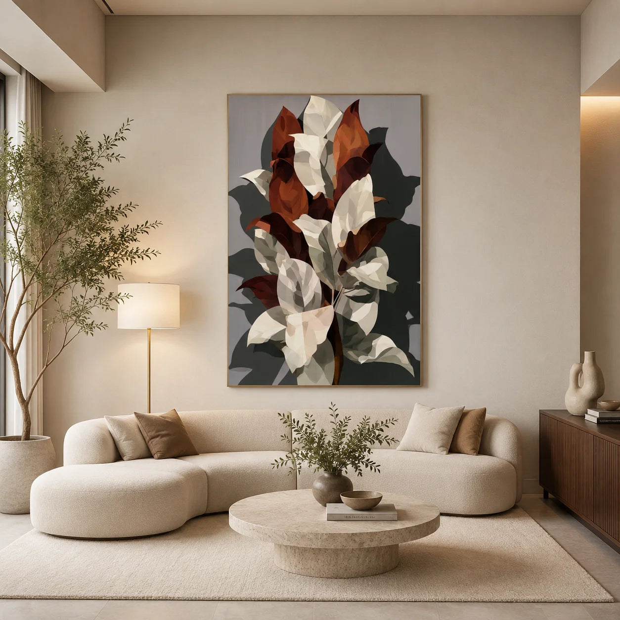 Cream and Caramel Geometric Botanical Hand-Painted Oil Painting | Modern Abstract Leaf Wall Art for Living Room, Bedroom and Entryway