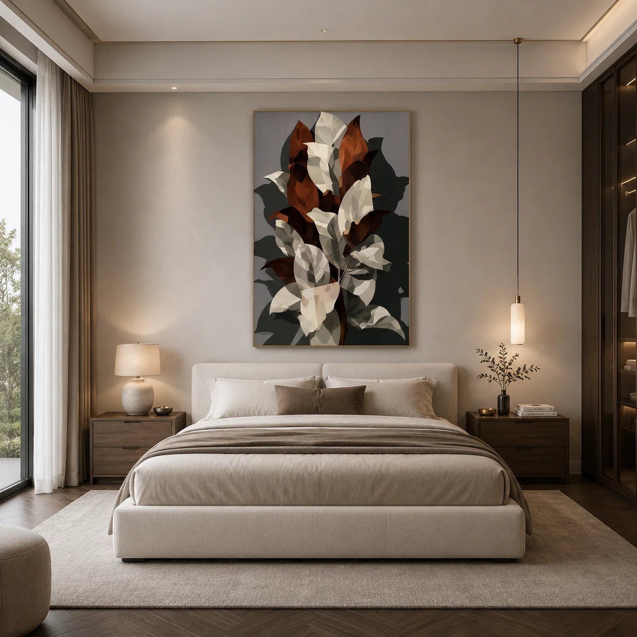 Cream and Caramel Geometric Botanical Hand-Painted Oil Painting | Modern Abstract Leaf Wall Art for Living Room, Bedroom and Entryway