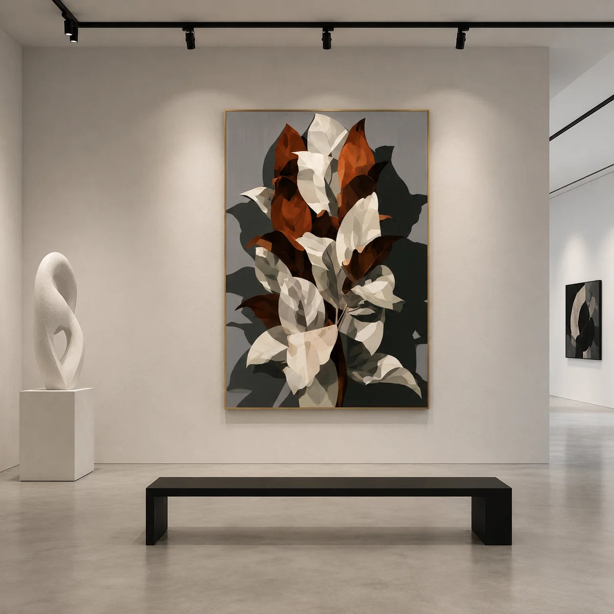 Cream and Caramel Geometric Botanical Hand-Painted Oil Painting | Modern Abstract Leaf Wall Art for Living Room, Bedroom and Entryway