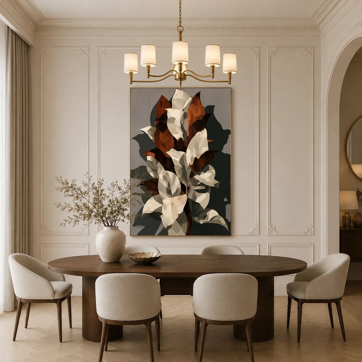 Cream and Caramel Geometric Botanical Hand-Painted Oil Painting | Modern Abstract Leaf Wall Art for Living Room, Bedroom and Entryway