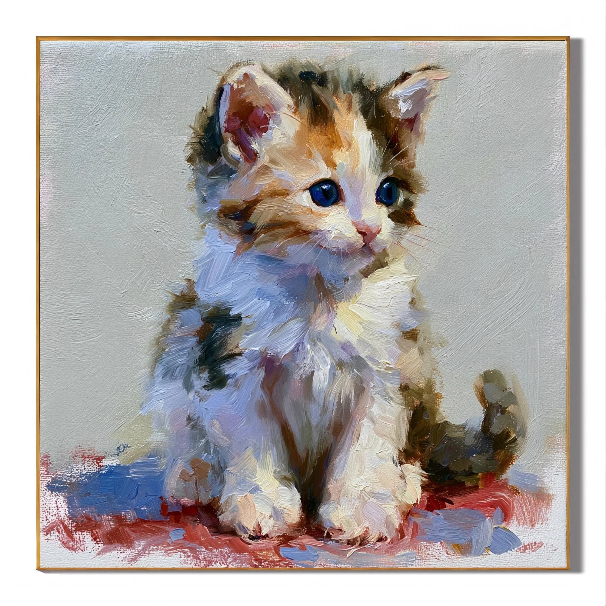 Cute Blue-Eyed Kitten Hand-Painted Oil Painting | Original Cat Portrait Wall Art for Living Room, Bedroom, and Nursery Decor