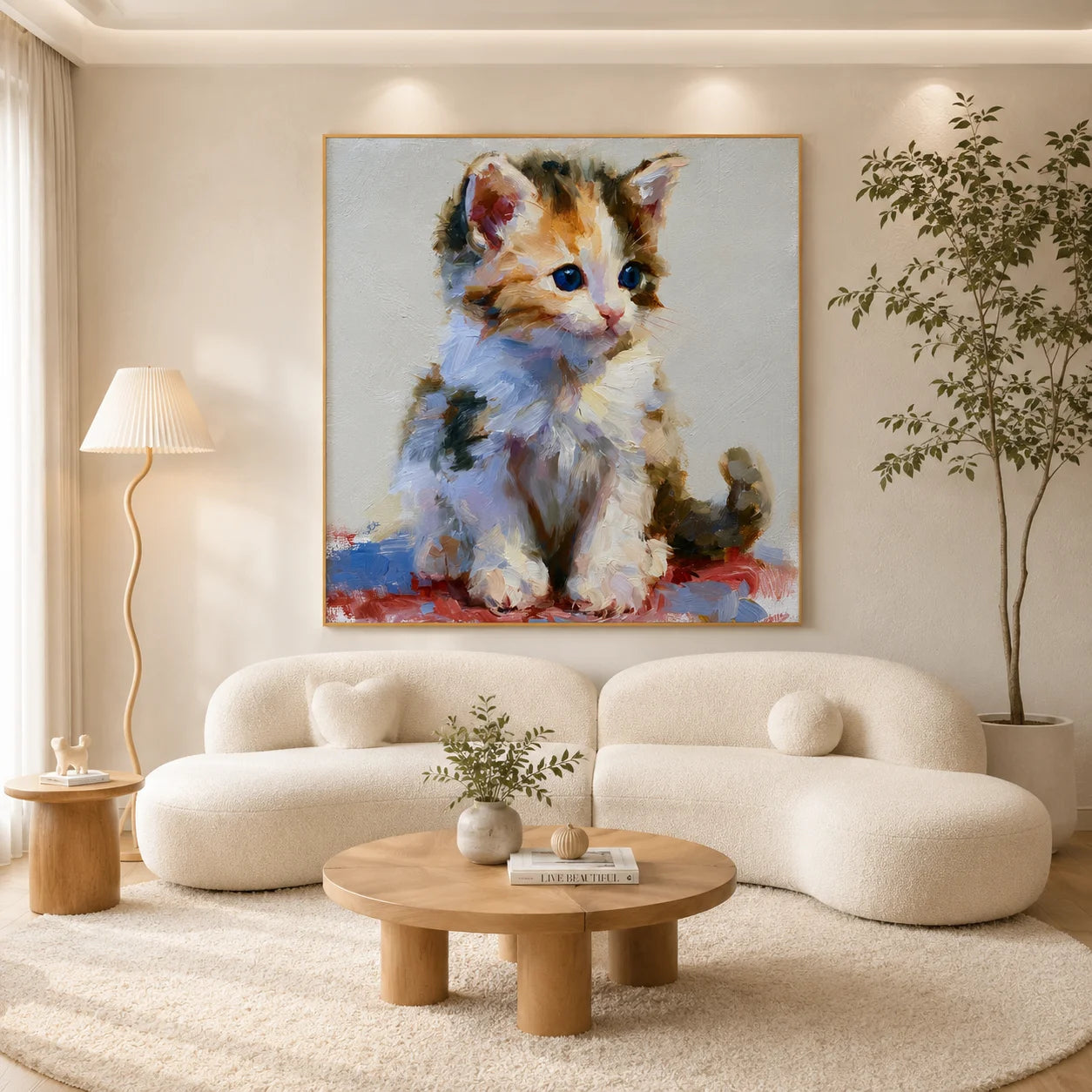Cute Blue-Eyed Kitten Hand-Painted Oil Painting | Original Cat Portrait Wall Art for Living Room, Bedroom, and Nursery Decor