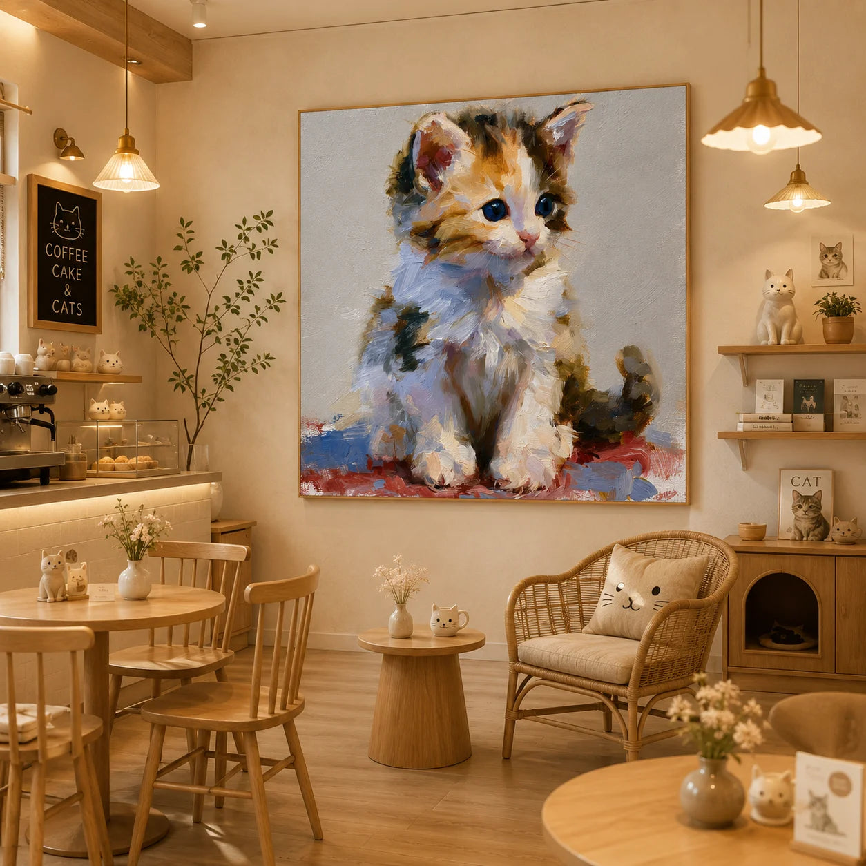 Cute Blue-Eyed Kitten Hand-Painted Oil Painting | Original Cat Portrait Wall Art for Living Room, Bedroom, and Nursery Decor