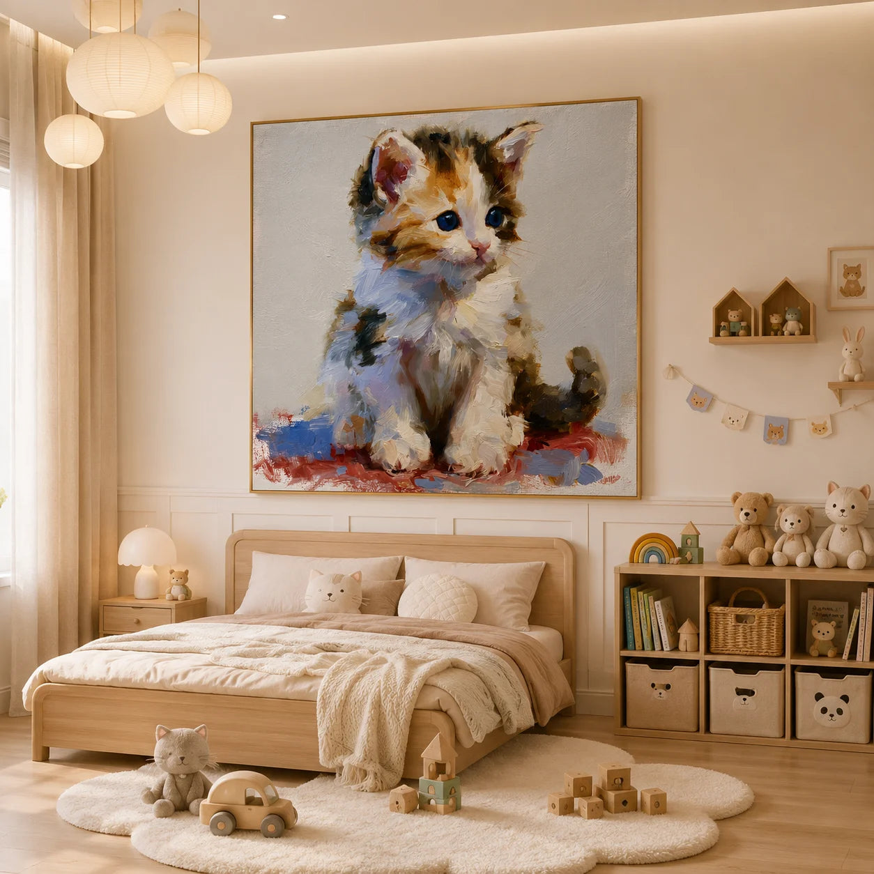 Cute Blue-Eyed Kitten Hand-Painted Oil Painting | Original Cat Portrait Wall Art for Living Room, Bedroom, and Nursery Decor