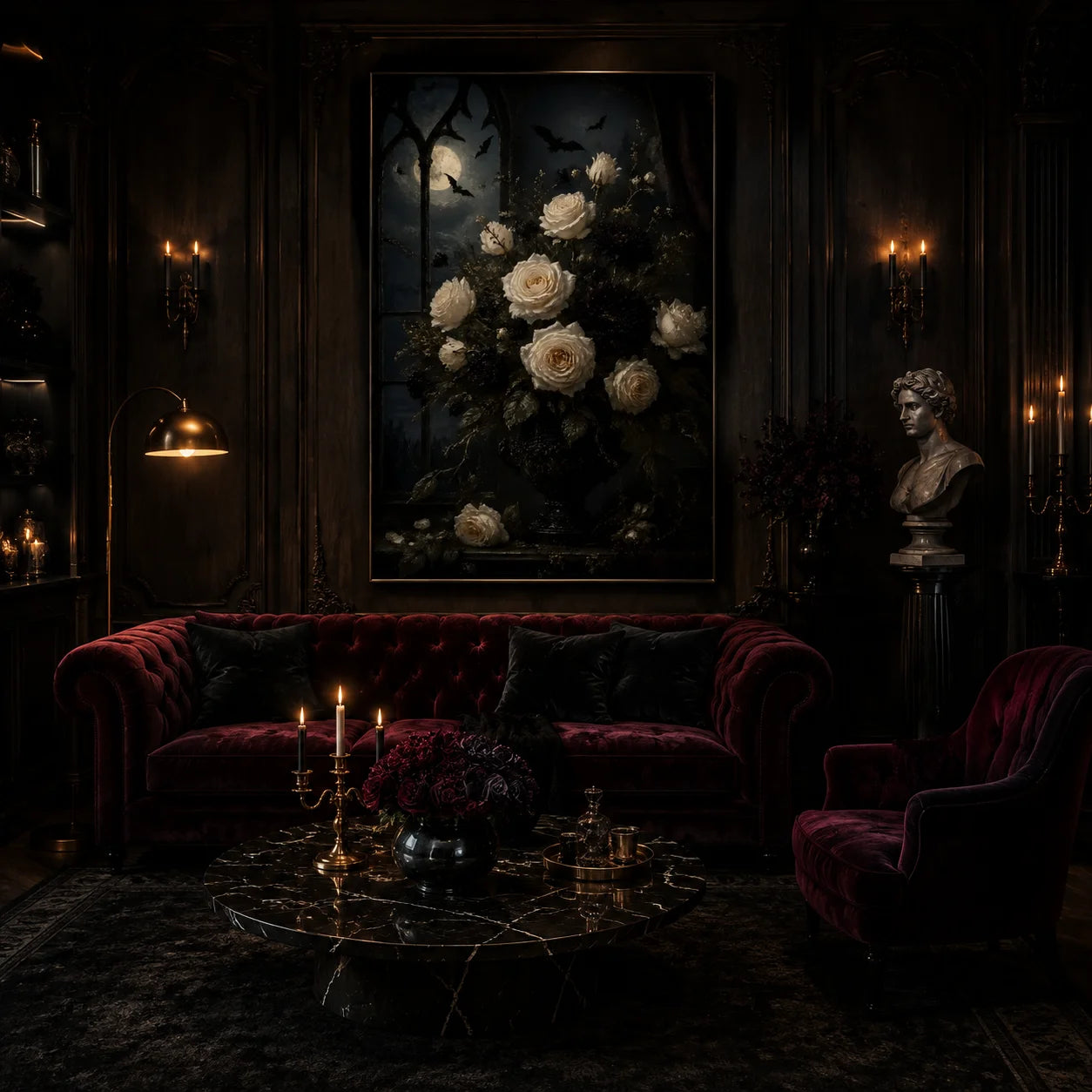 Ownanart Dark Gothic Moonlit White Rose Hand-Painted Oil Painting – Bat Night Floral Still Life Vertical Wall Art # OA 1298