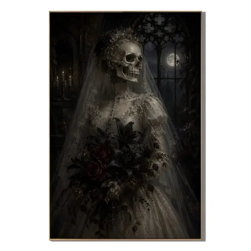 Ownanart Dark Gothic Skeleton Bride Hand-Painted Oil Painting – Moonlit Cathedral and Black Bouquet Mysterious Wedding Portrait Vertical Wall Art # OA 1297