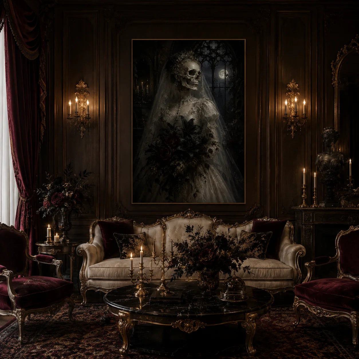 Ownanart Dark Gothic Skeleton Bride Hand-Painted Oil Painting – Moonlit Cathedral and Black Bouquet Mysterious Wedding Portrait Vertical Wall Art # OA 1297