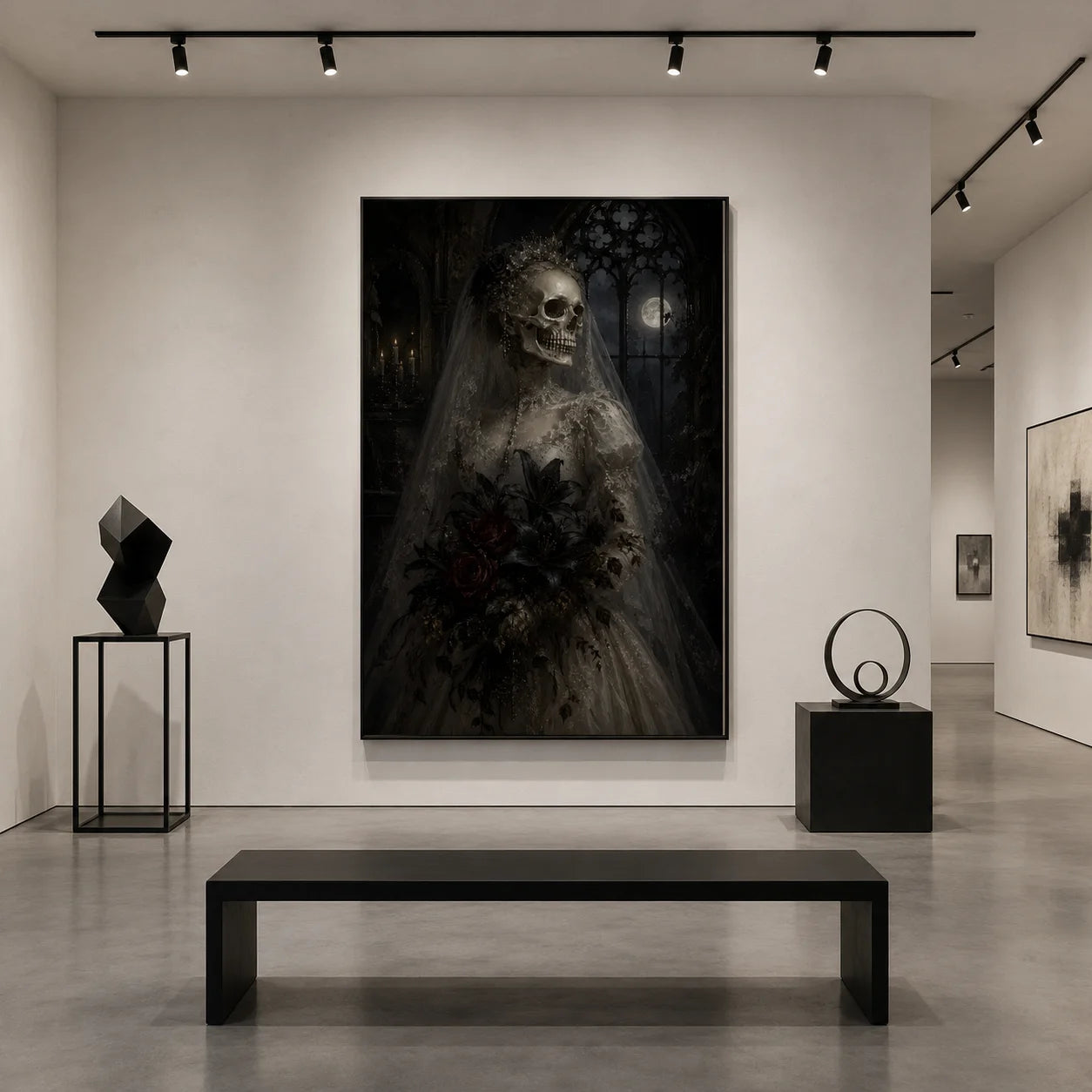 Ownanart Dark Gothic Skeleton Bride Hand-Painted Oil Painting – Moonlit Cathedral and Black Bouquet Mysterious Wedding Portrait Vertical Wall Art # OA 1297