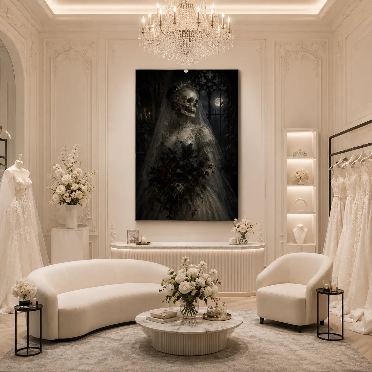 Ownanart Dark Gothic Skeleton Bride Hand-Painted Oil Painting – Moonlit Cathedral and Black Bouquet Mysterious Wedding Portrait Vertical Wall Art # OA 1297