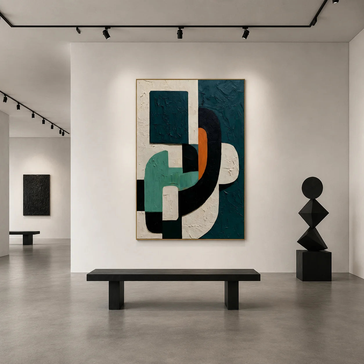 Dark Green Geometric Textured Abstract Oil Painting – Vertical Mid-Century Modern Wall Art # OA 1199