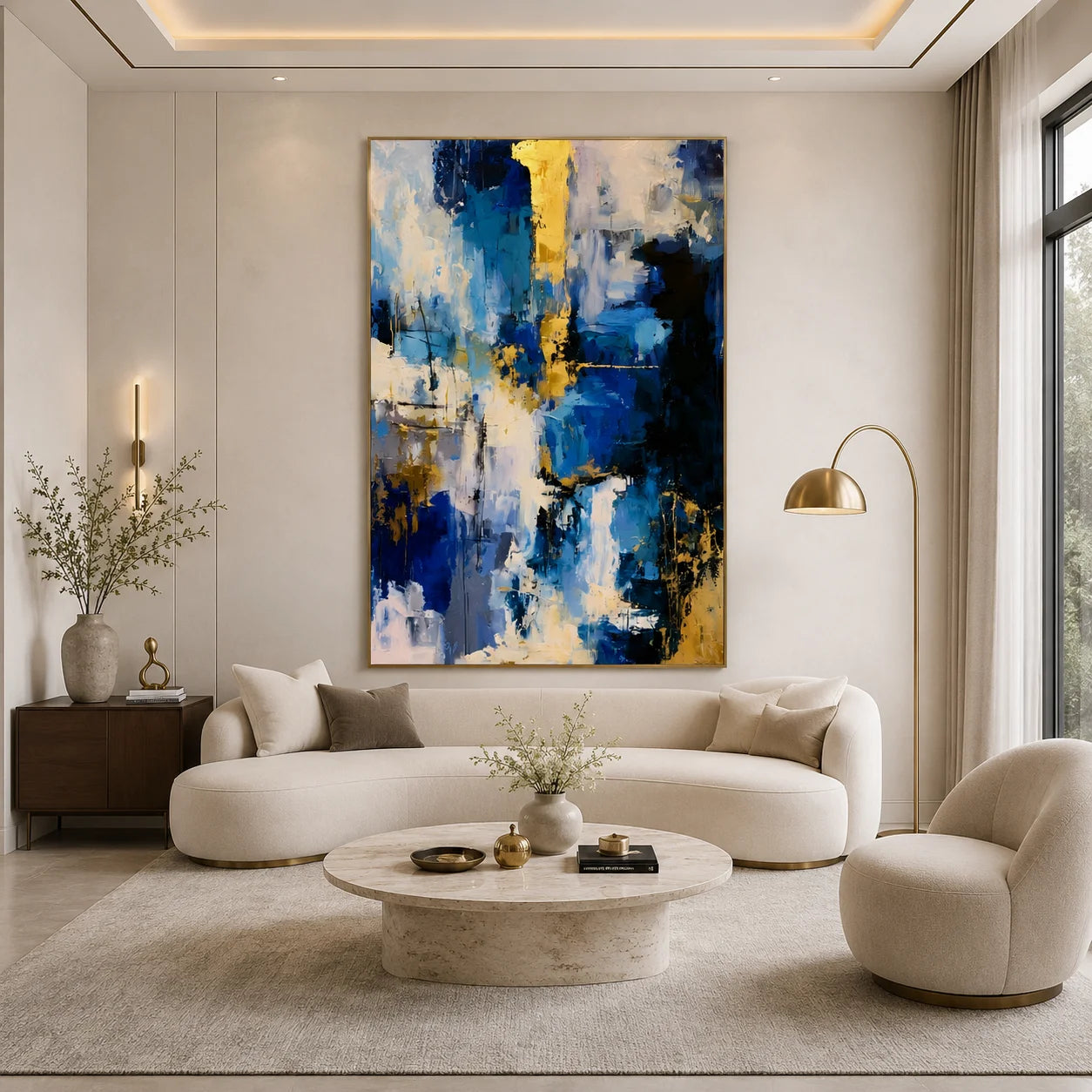 Deep Blue Gold and Ivory Modern Abstract Textured Hand-Painted Oil Painting | Luxury Palette Knife Wall Art for Living Room, Bedroom and Entryway