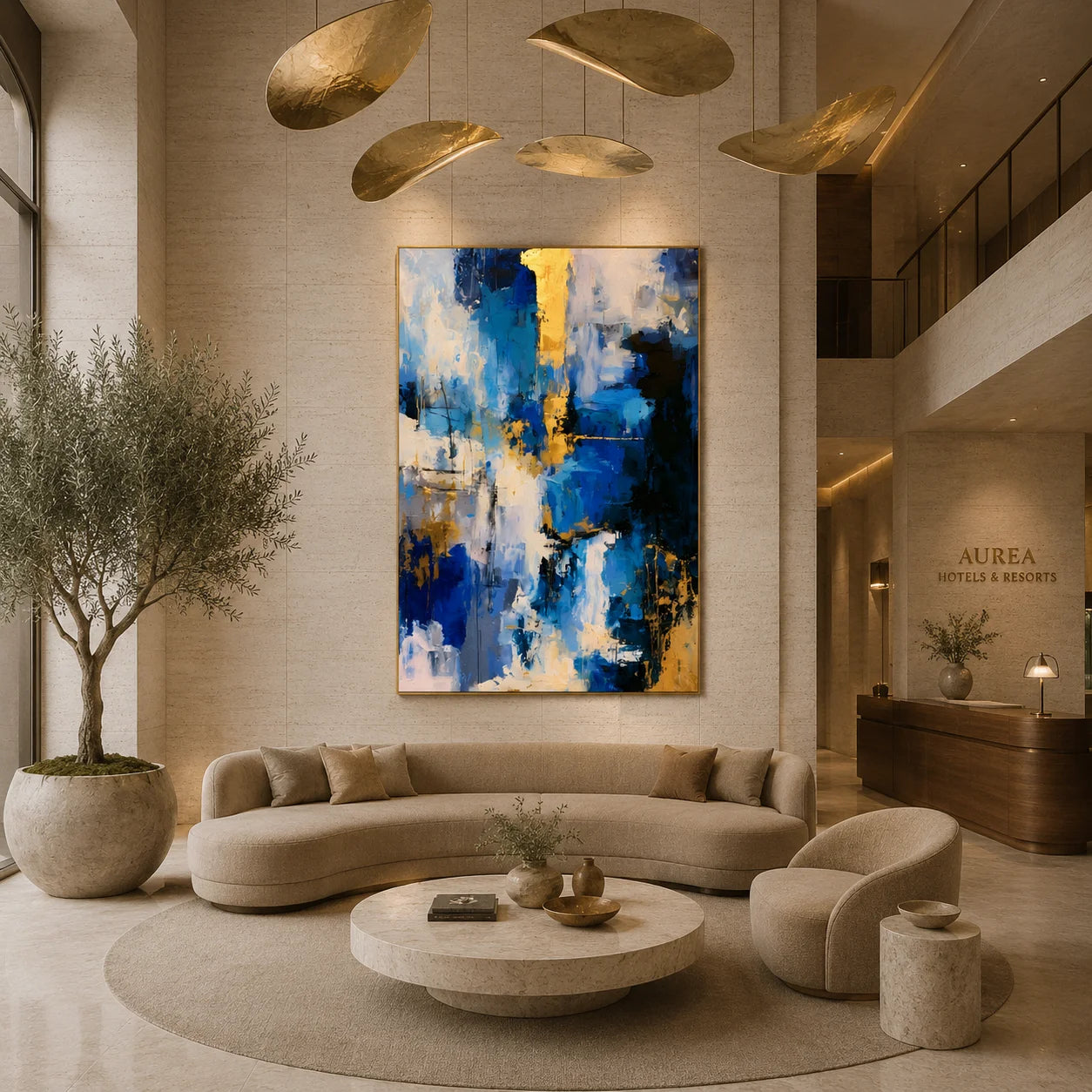 Deep Blue Gold and Ivory Modern Abstract Textured Hand-Painted Oil Painting | Luxury Palette Knife Wall Art for Living Room, Bedroom and Entryway