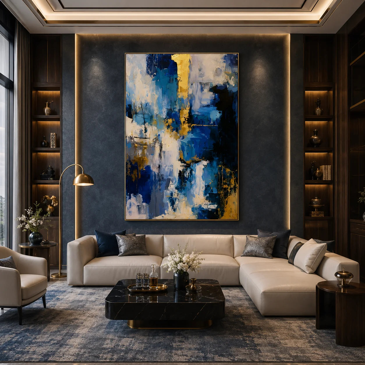 Deep Blue Gold and Ivory Modern Abstract Textured Hand-Painted Oil Painting | Luxury Palette Knife Wall Art for Living Room, Bedroom and Entryway