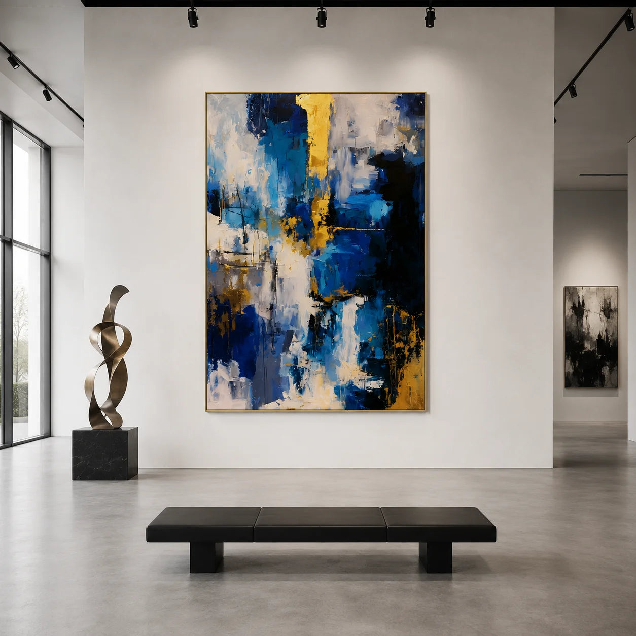 Deep Blue Gold and Ivory Modern Abstract Textured Hand-Painted Oil Painting | Luxury Palette Knife Wall Art for Living Room, Bedroom and Entryway