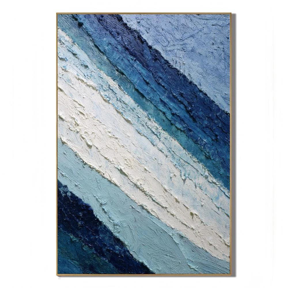 Deep Blue and Glacier White Abstract Mountain Wave Hand-Painted Oil Painting | Textured Layered Landscape Wall Art for Modern Interiors
