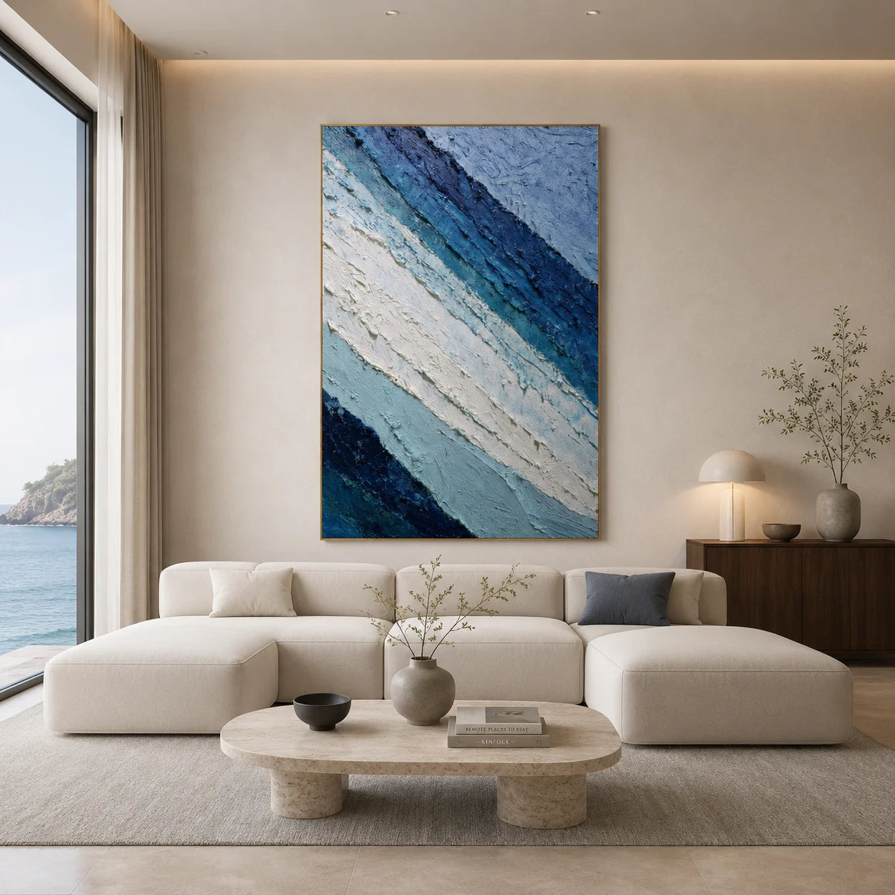 Deep Blue and Glacier White Abstract Mountain Wave Hand-Painted Oil Painting | Textured Layered Landscape Wall Art for Modern Interiors