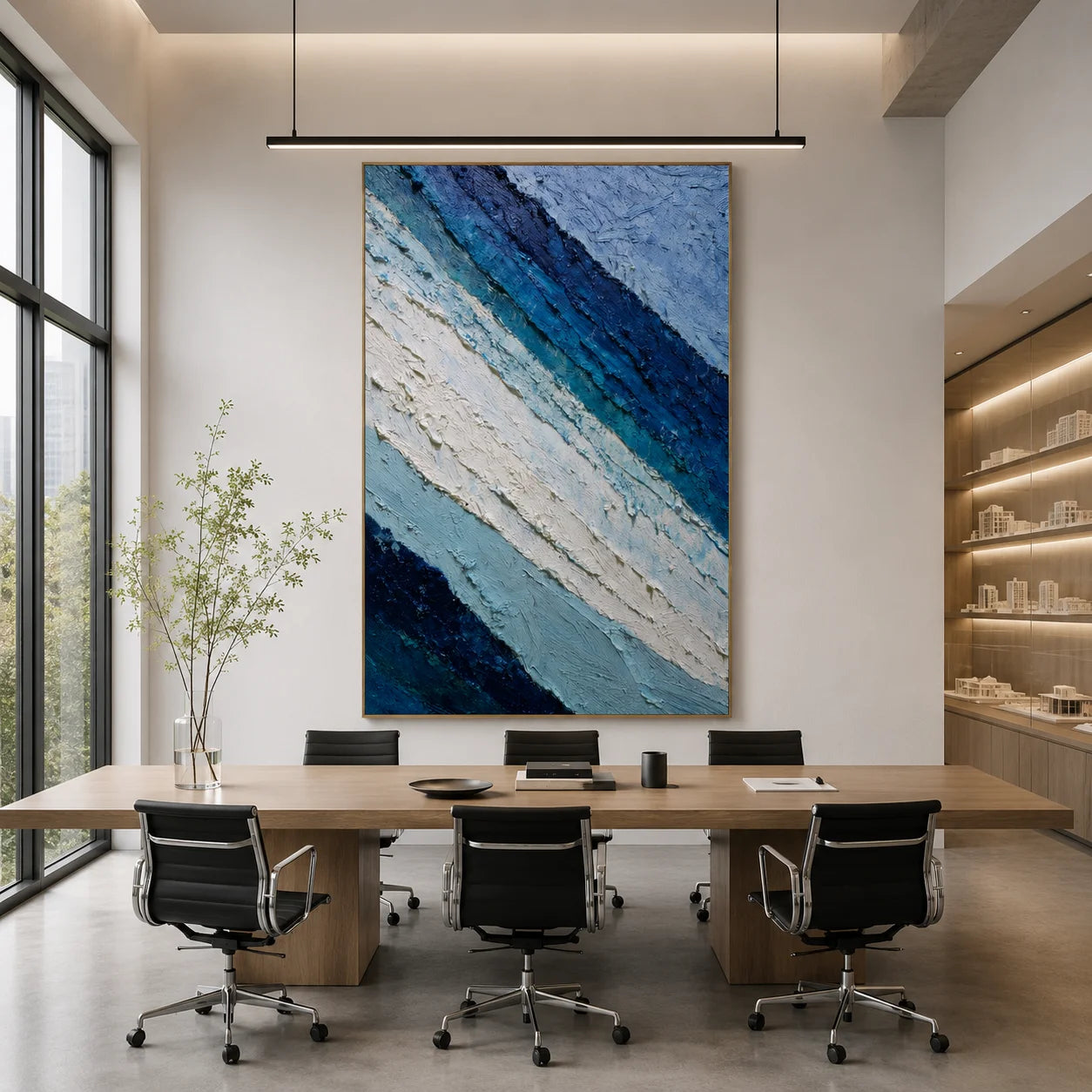 Deep Blue and Glacier White Abstract Mountain Wave Hand-Painted Oil Painting | Textured Layered Landscape Wall Art for Modern Interiors