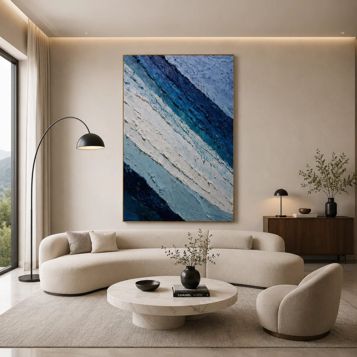 Deep Blue and Glacier White Abstract Mountain Wave Hand-Painted Oil Painting | Textured Layered Landscape Wall Art for Modern Interiors