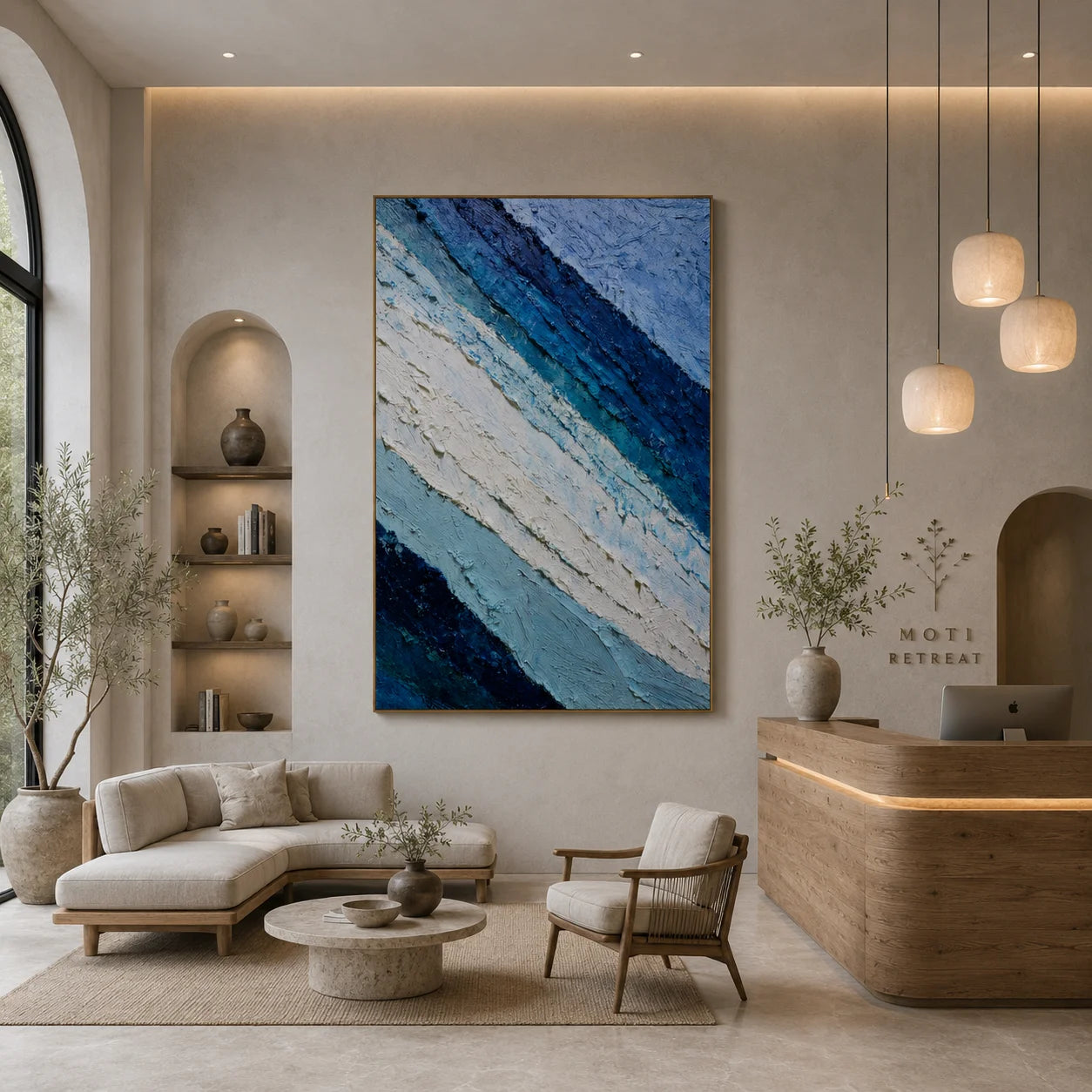Deep Blue and Glacier White Abstract Mountain Wave Hand-Painted Oil Painting | Textured Layered Landscape Wall Art for Modern Interiors