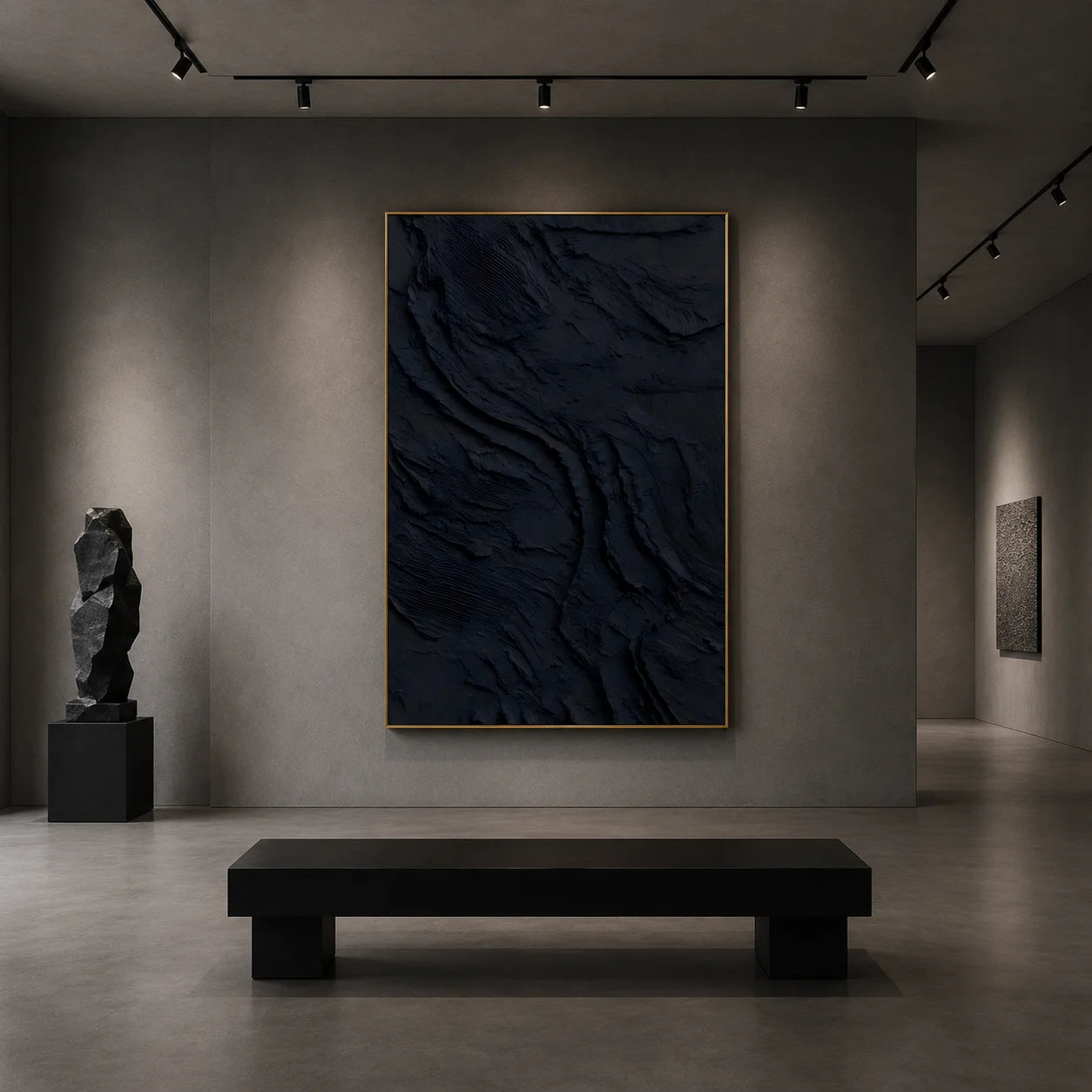 Deep Navy Minimalist Abstract Textured Hand-Painted Oil Painting | Modern Relief Wall Art for Living Room, Bedroom and Entryway