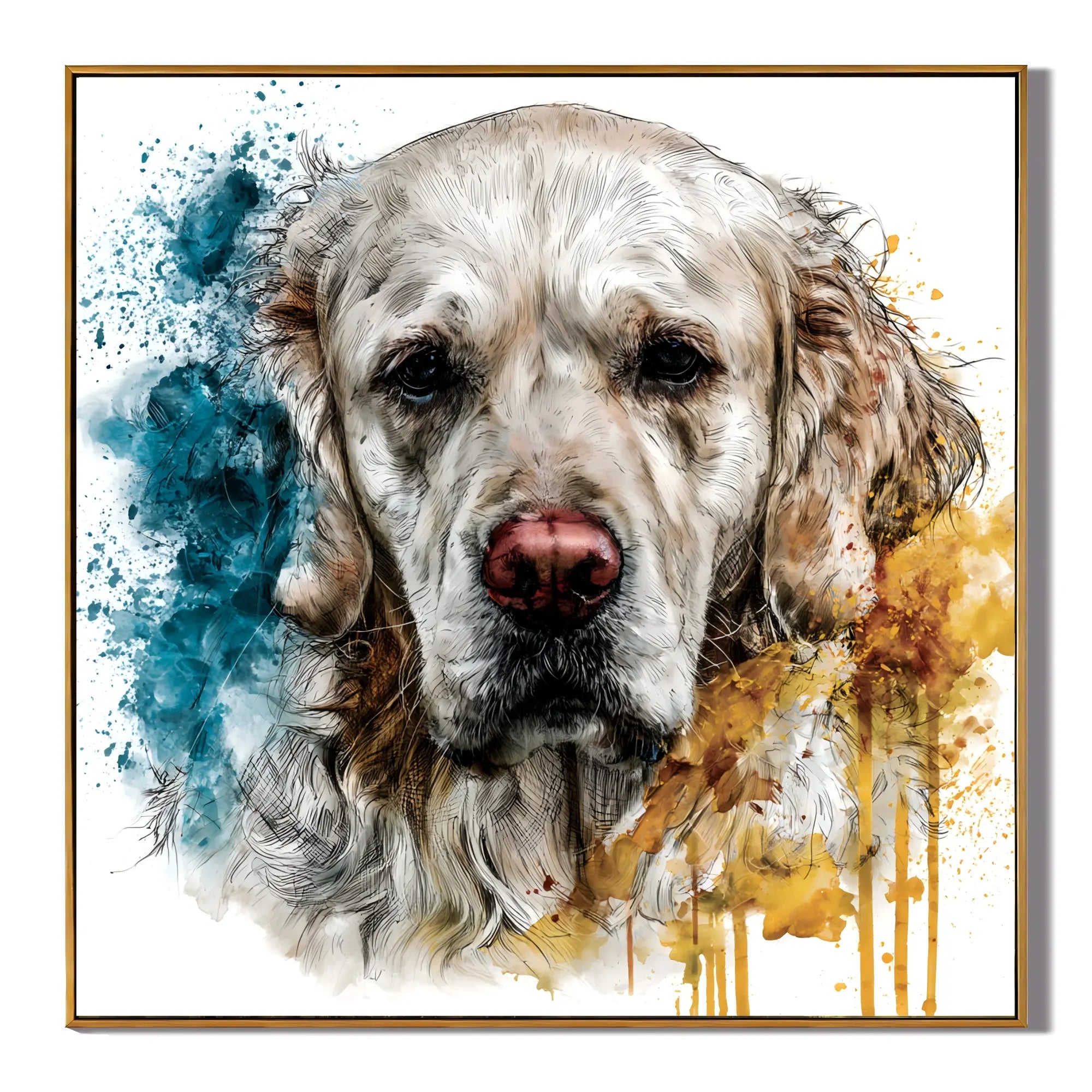Blue and Gold Golden Retriever Portrait Hand-Painted Oil Painting | Modern Dog Wall Art for Living Room and Bedroom