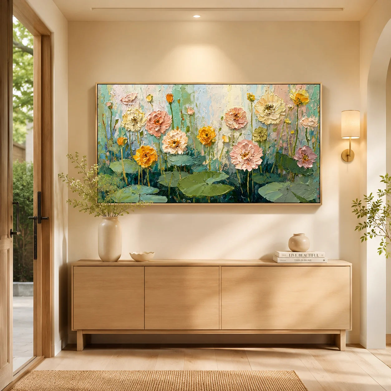 Floral Hand-Painted Oil Painting, Textured Flower and Lotus Leaf Wall Art for Modern Home Decor#OA 0960