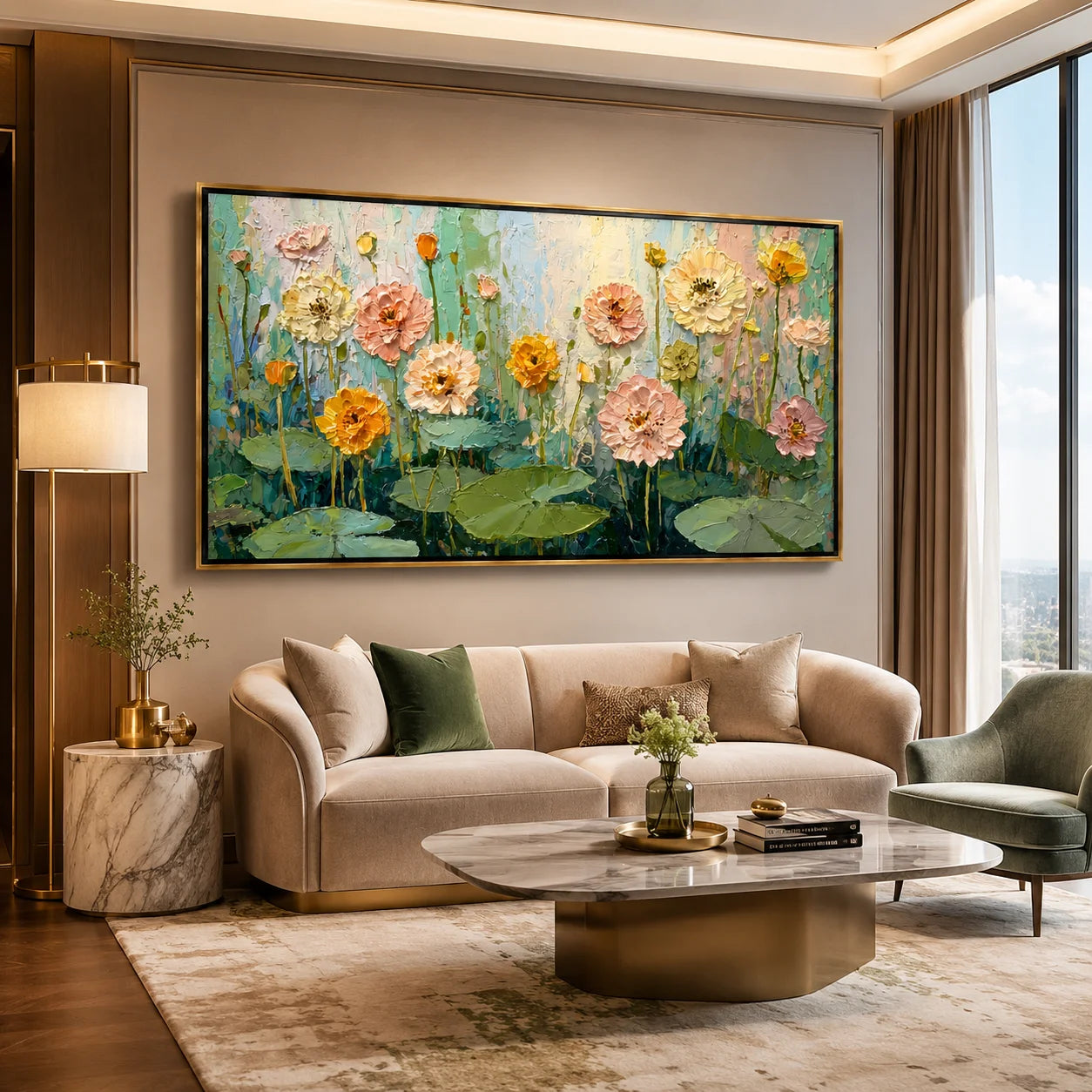Floral Hand-Painted Oil Painting, Textured Flower and Lotus Leaf Wall Art for Modern Home Decor#OA 0960