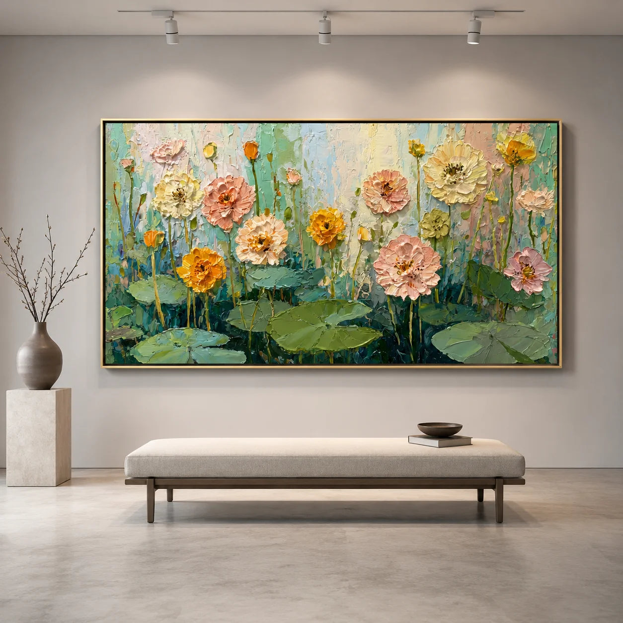 Floral Hand-Painted Oil Painting, Textured Flower and Lotus Leaf Wall Art for Modern Home Decor#OA 0960