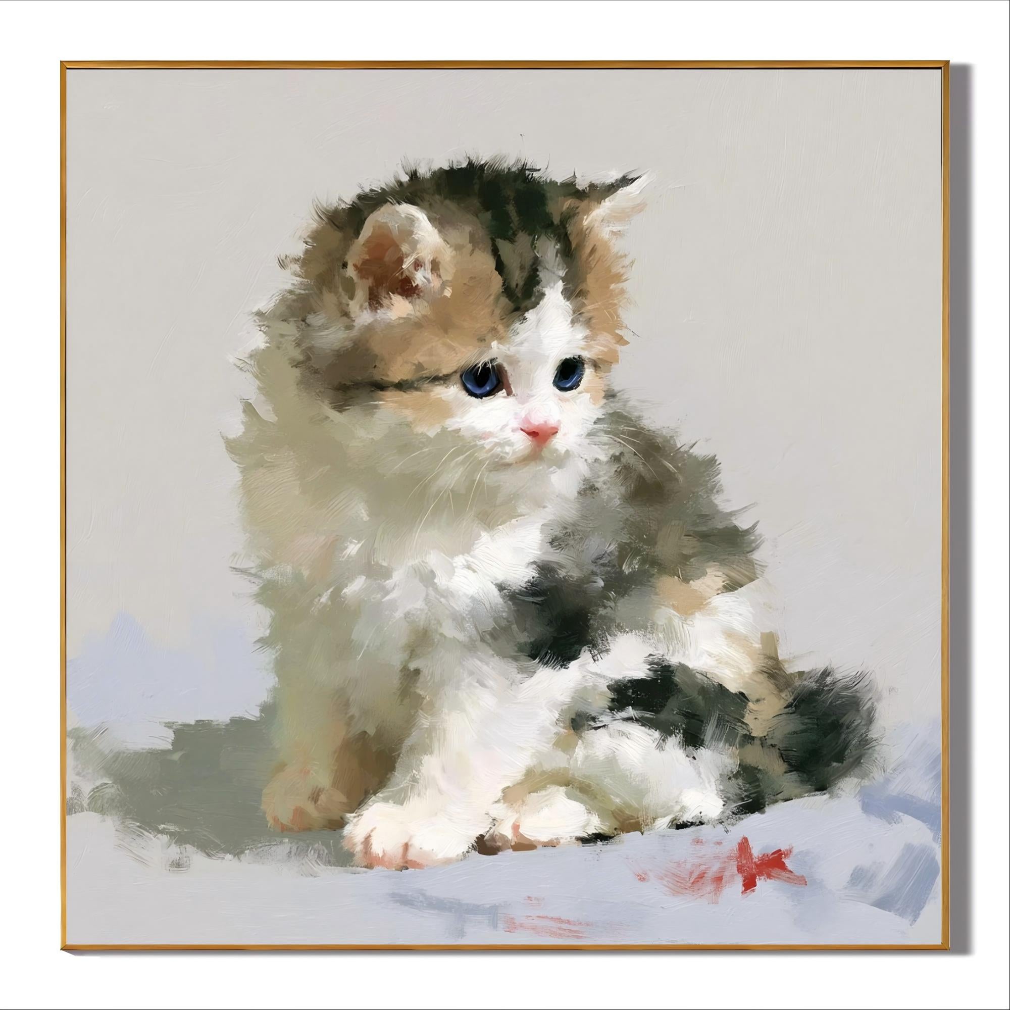 Fluffy Blue-Eyed Kitten Hand-Painted Oil Painting – Cute Cat Wall Art # OA 1109