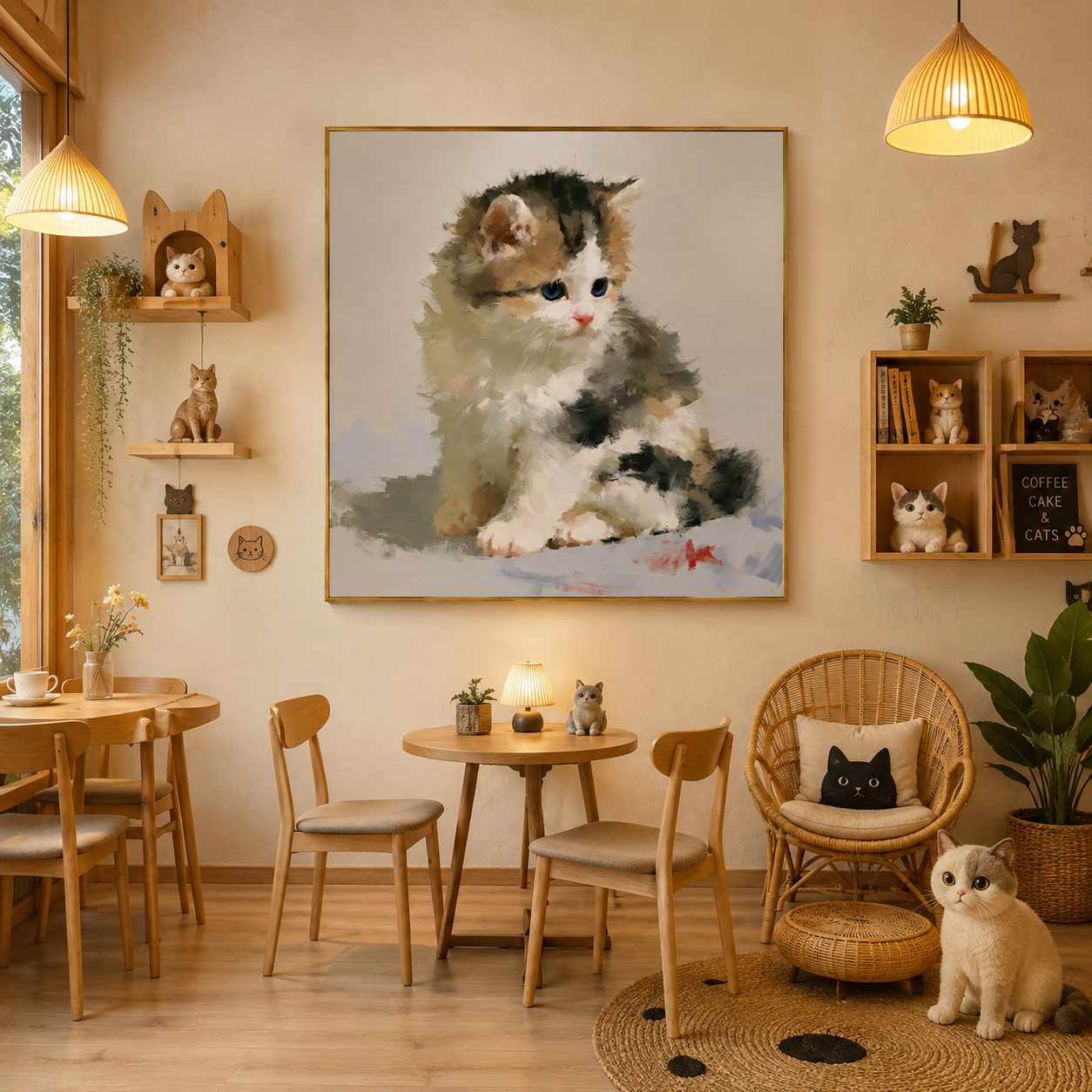 Fluffy Blue-Eyed Kitten Hand-Painted Oil Painting – Cute Cat Wall Art # OA 1109